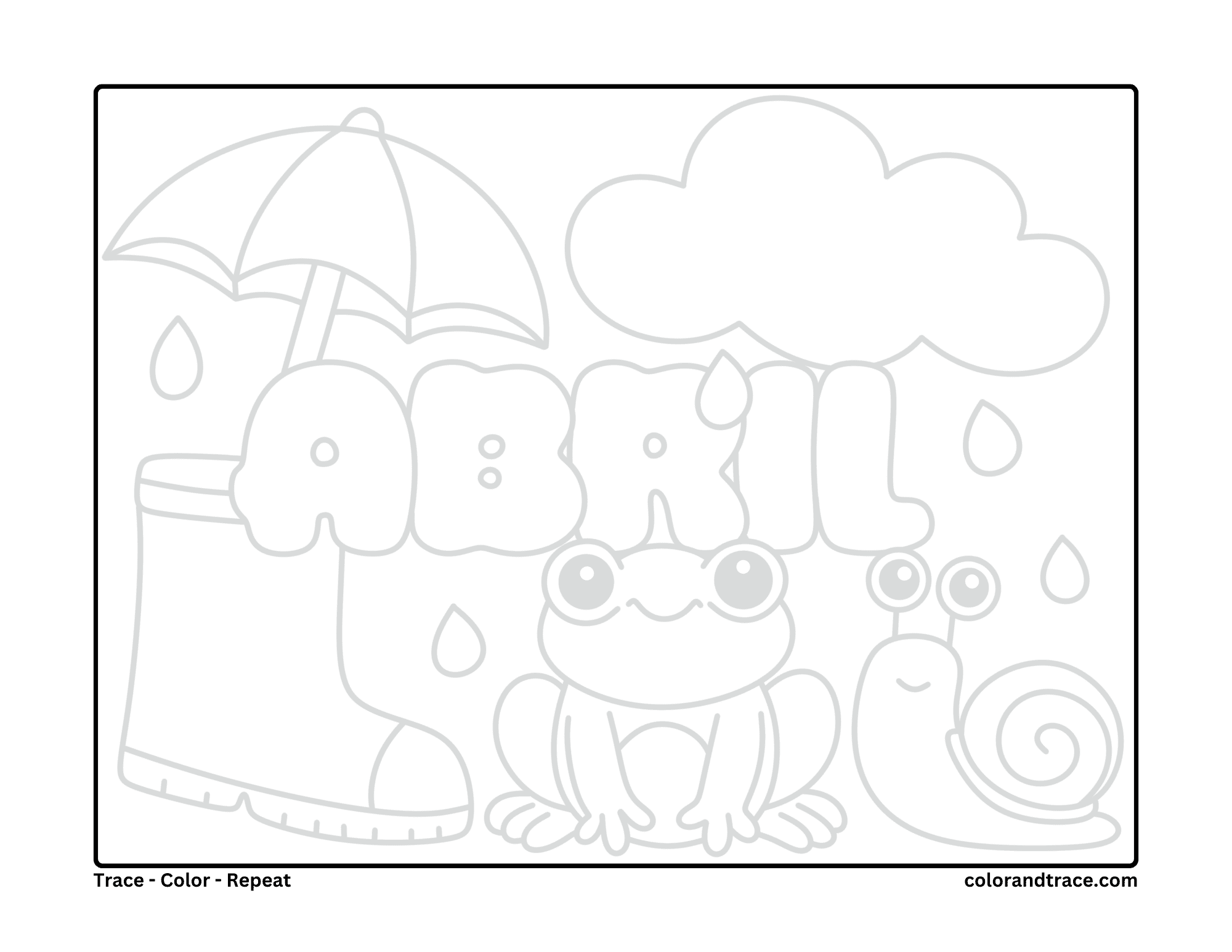 Preview of a tracing and coloring printable page showing the word APRIL with rain, umbrella, frog and snail.