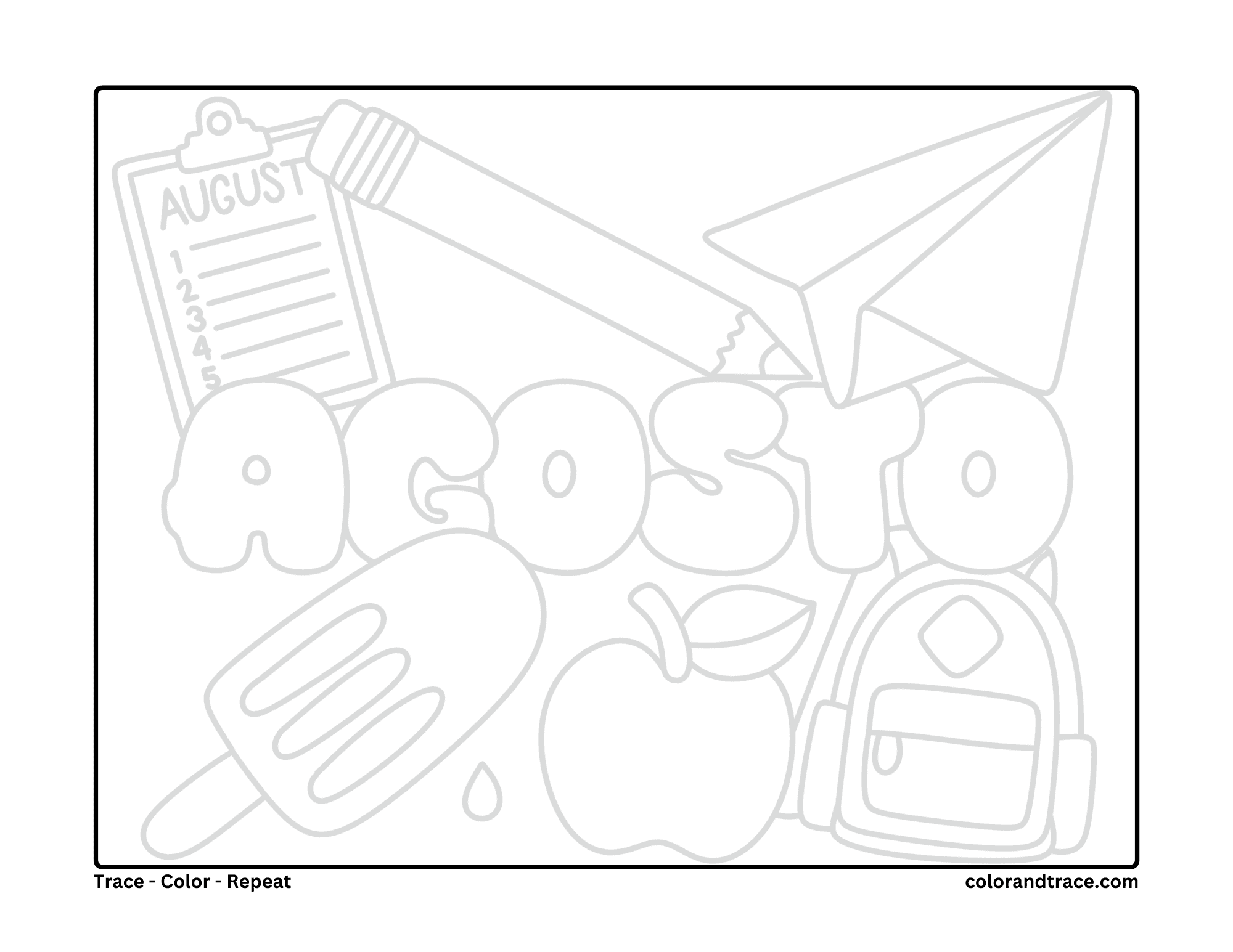 Preview of a back to school coloring page with August items: clipboard, pencil, paper airplane, backpack, apple, and popsicle.