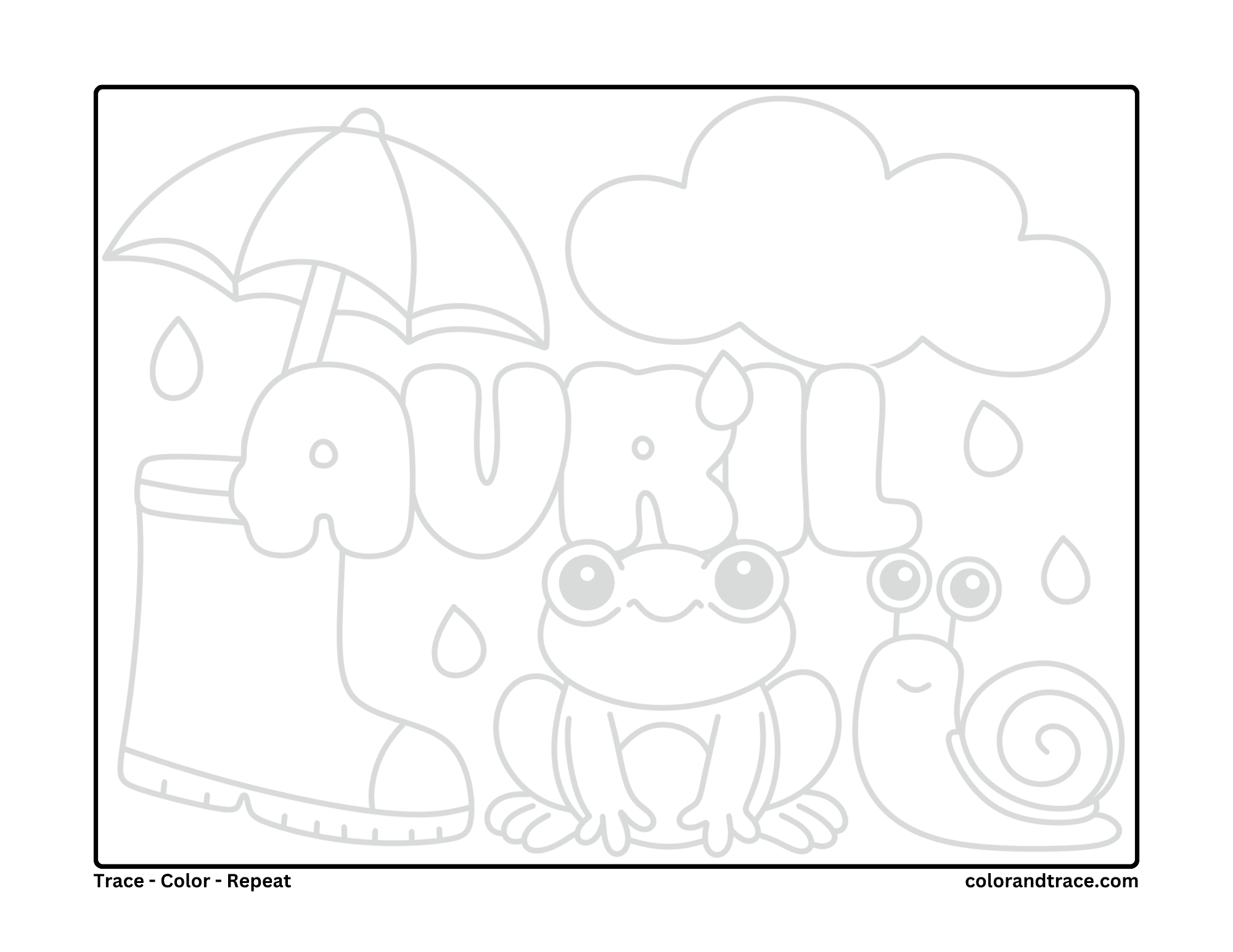 Preview of a printable coloring page with rain, clouds, an umbrella, and cute animals around the word ANIMAL.