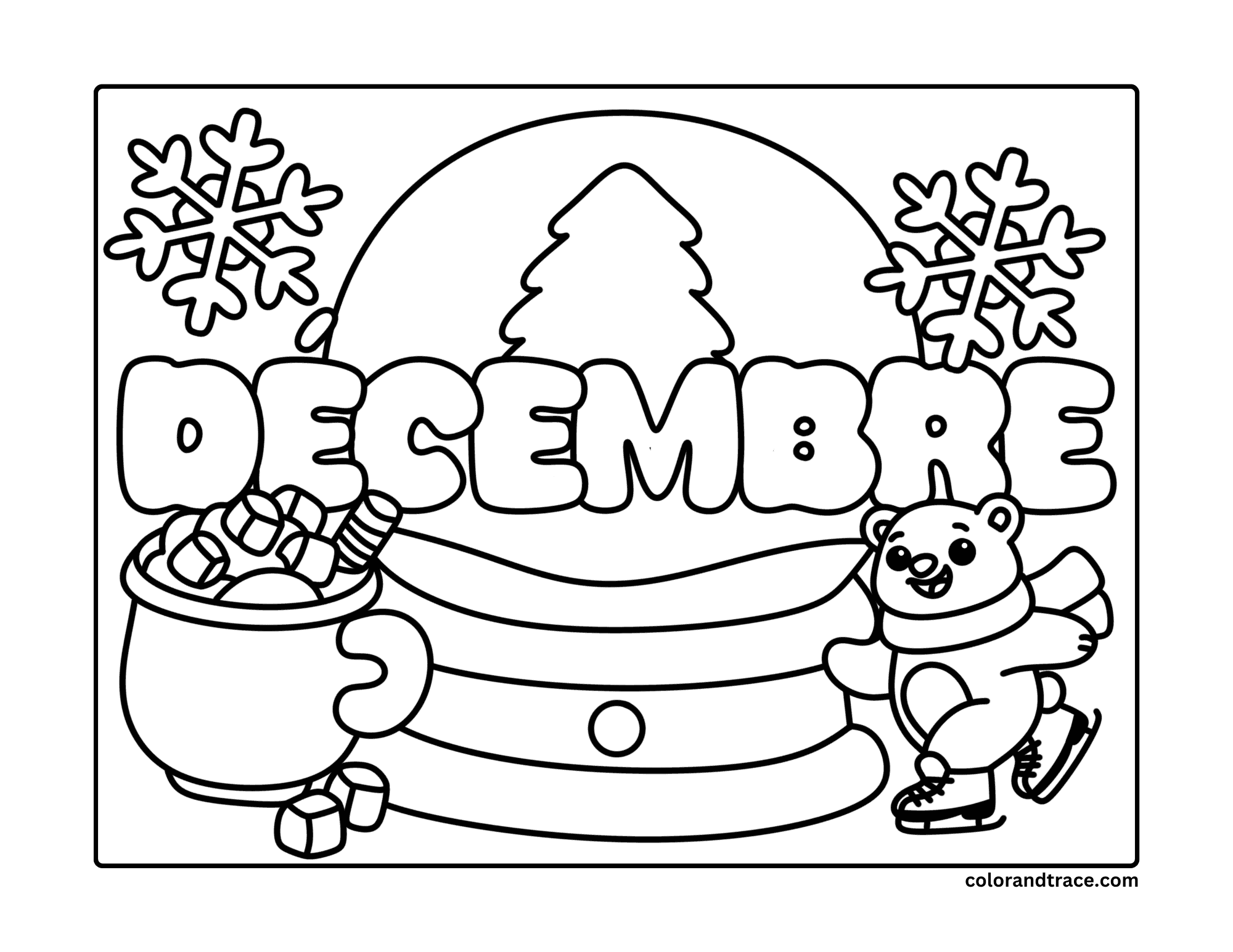 Preview of a December coloring page with a snow globe, tree, snowflakes, a skating bear, and treats.