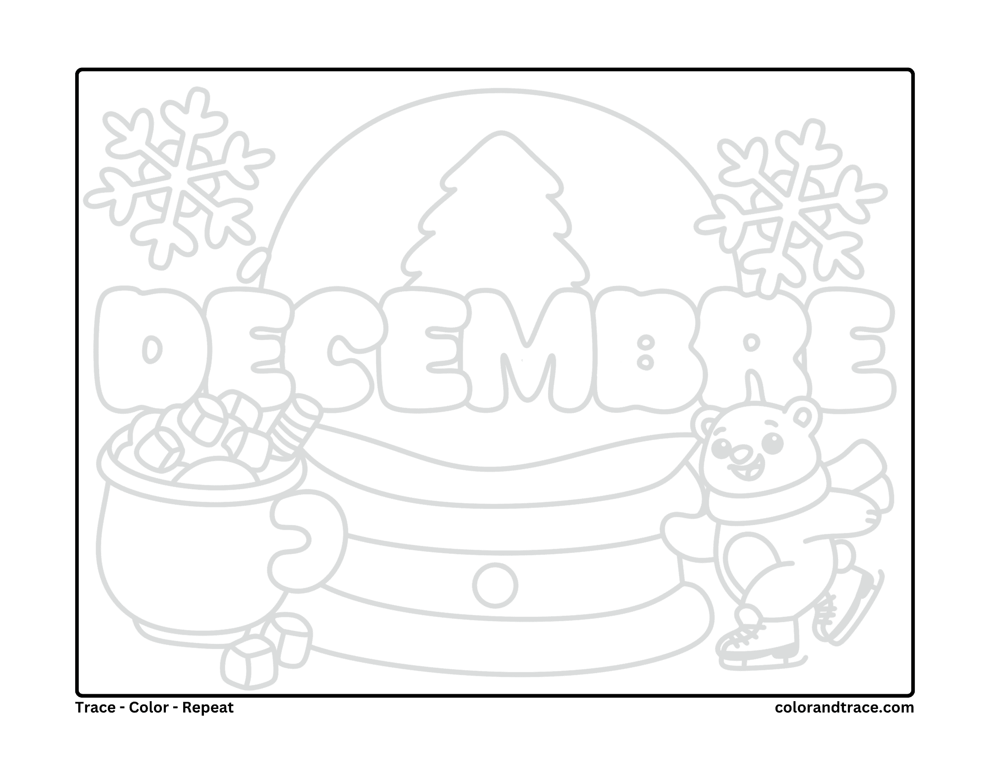 Preview of a printable December coloring page featuring a snow globe, bear, and winter scene.
