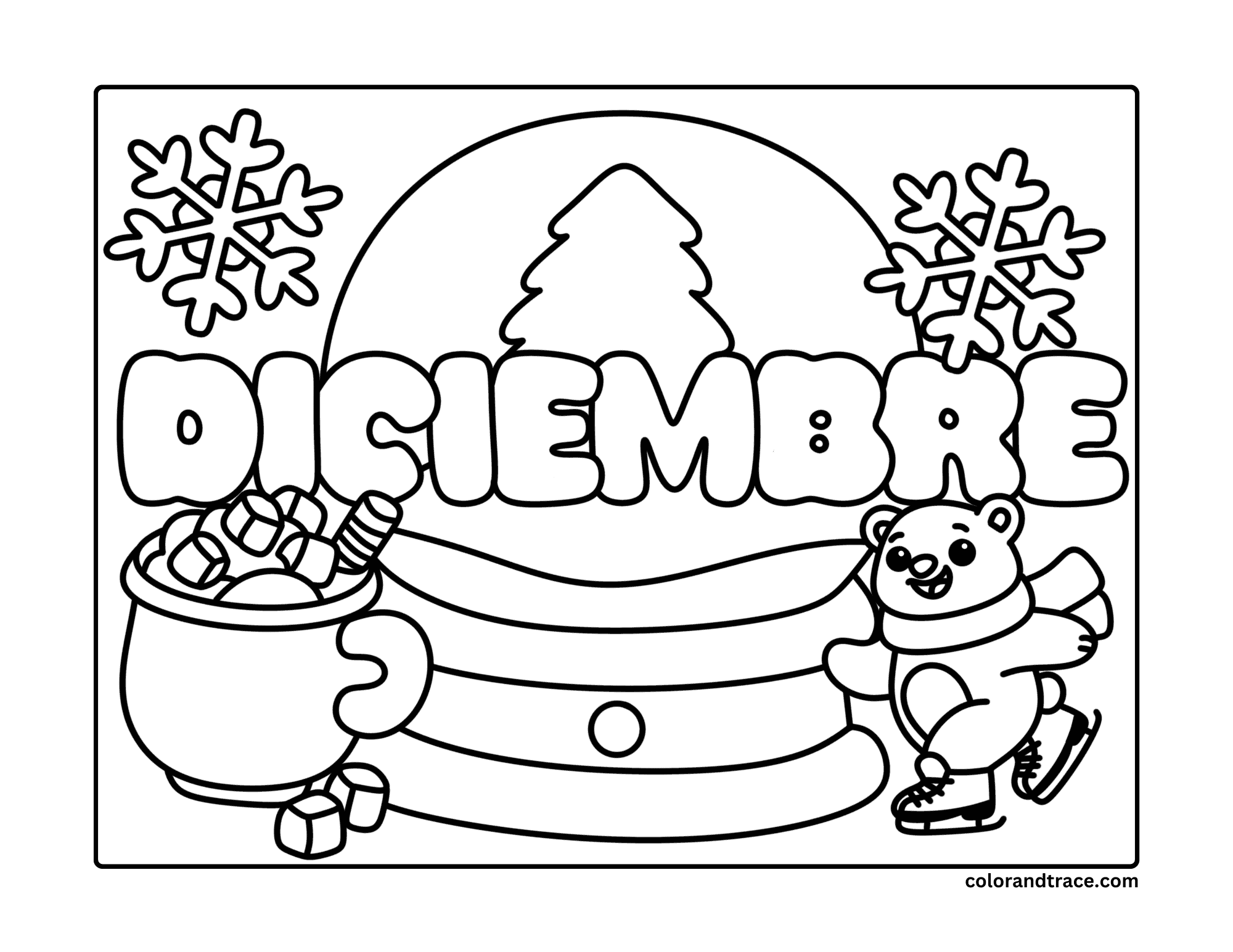 Preview coloring page with DICIEMBRE letters, snowflakes, a bear skating, and a pot of candies.