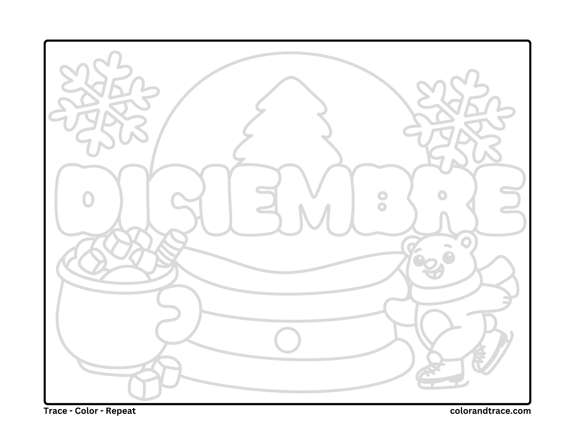 Preview coloring page showing December theme with large bubbly DICIEMBRE letters, snowflakes, snow globe, a bear in scarf, and a candy cauldron.