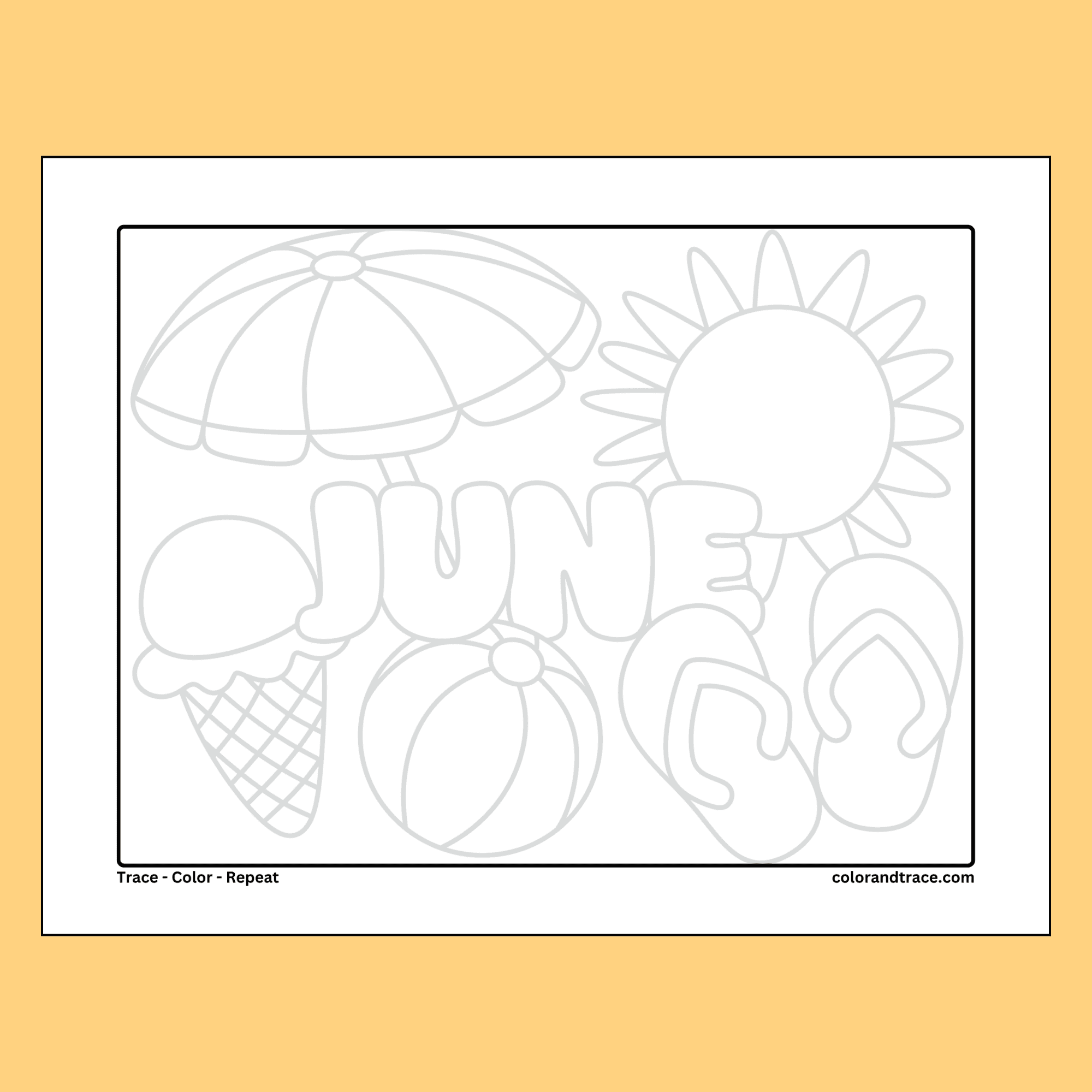 Cute June tracing page activity worksheet for kids to trace with a sun and flip flops.