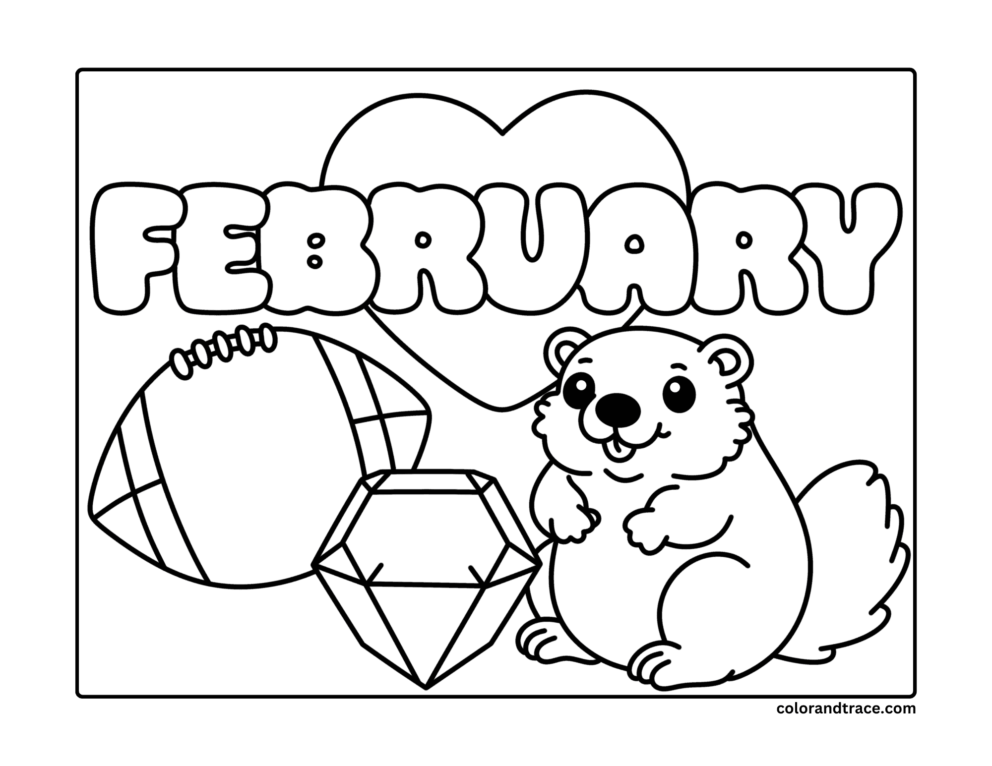 Black-and-white February coloring page preview with a cartoon groundhog, football, gem, and heart background.
