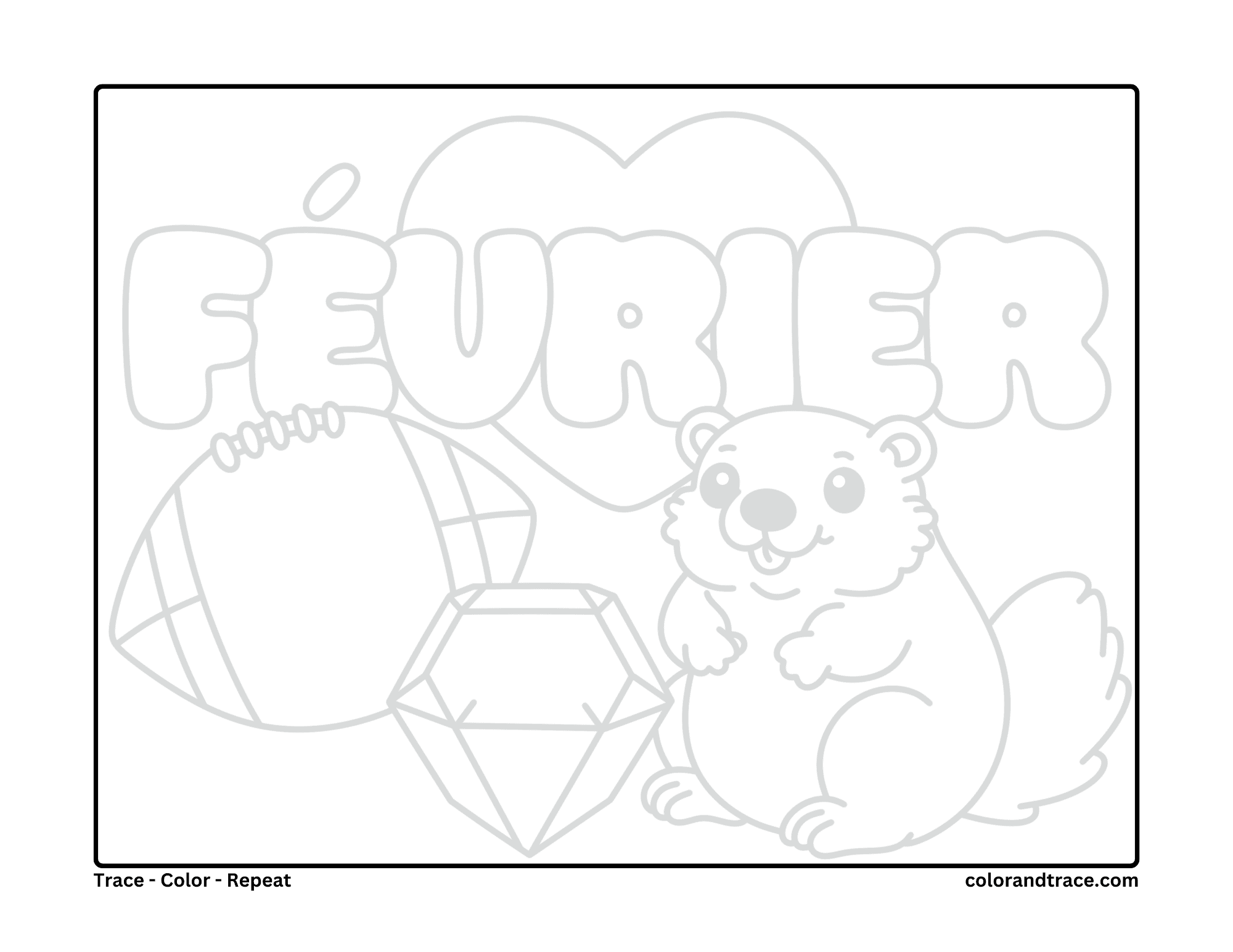 Preview of a printable coloring page with a cute beaver beside a diamond and a large faceted gem.