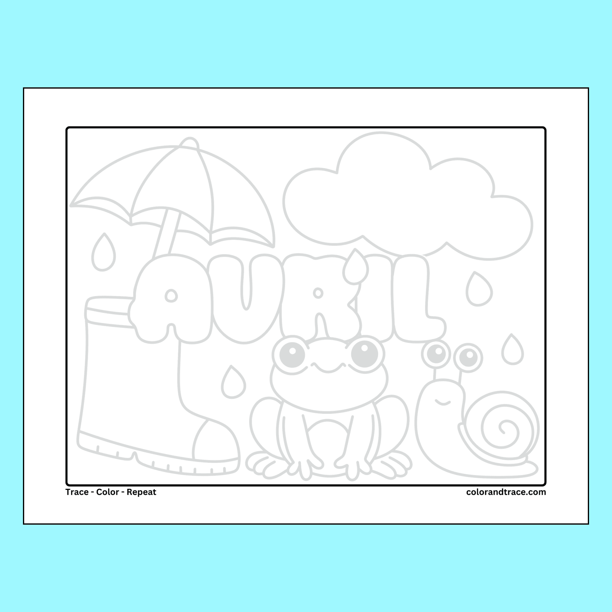 Free printable Avril tracing page with rainy-day characters and large stylized text for tracing and coloring.