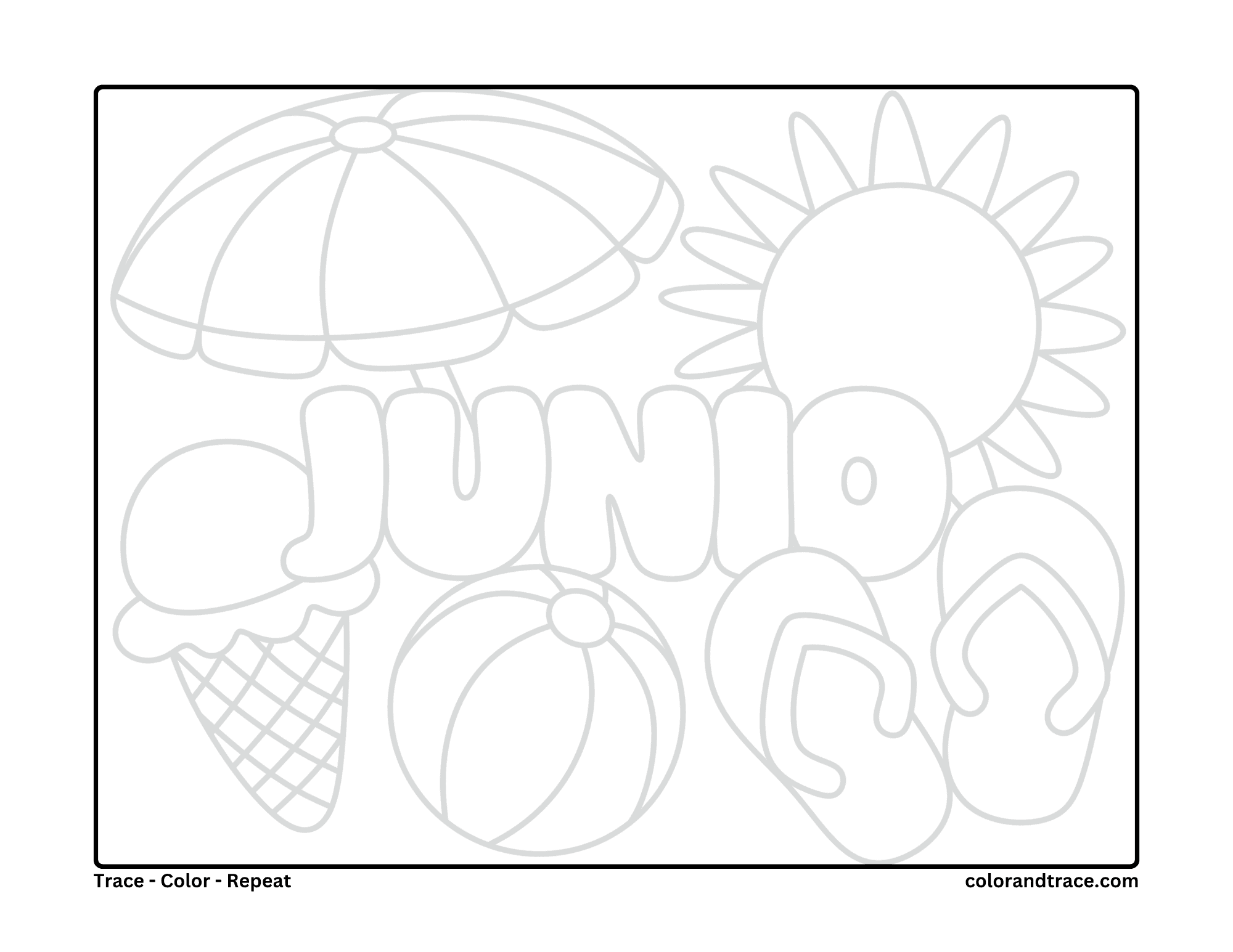 Preview of a beach-themed tracing and printable coloring page with a large rounded word.