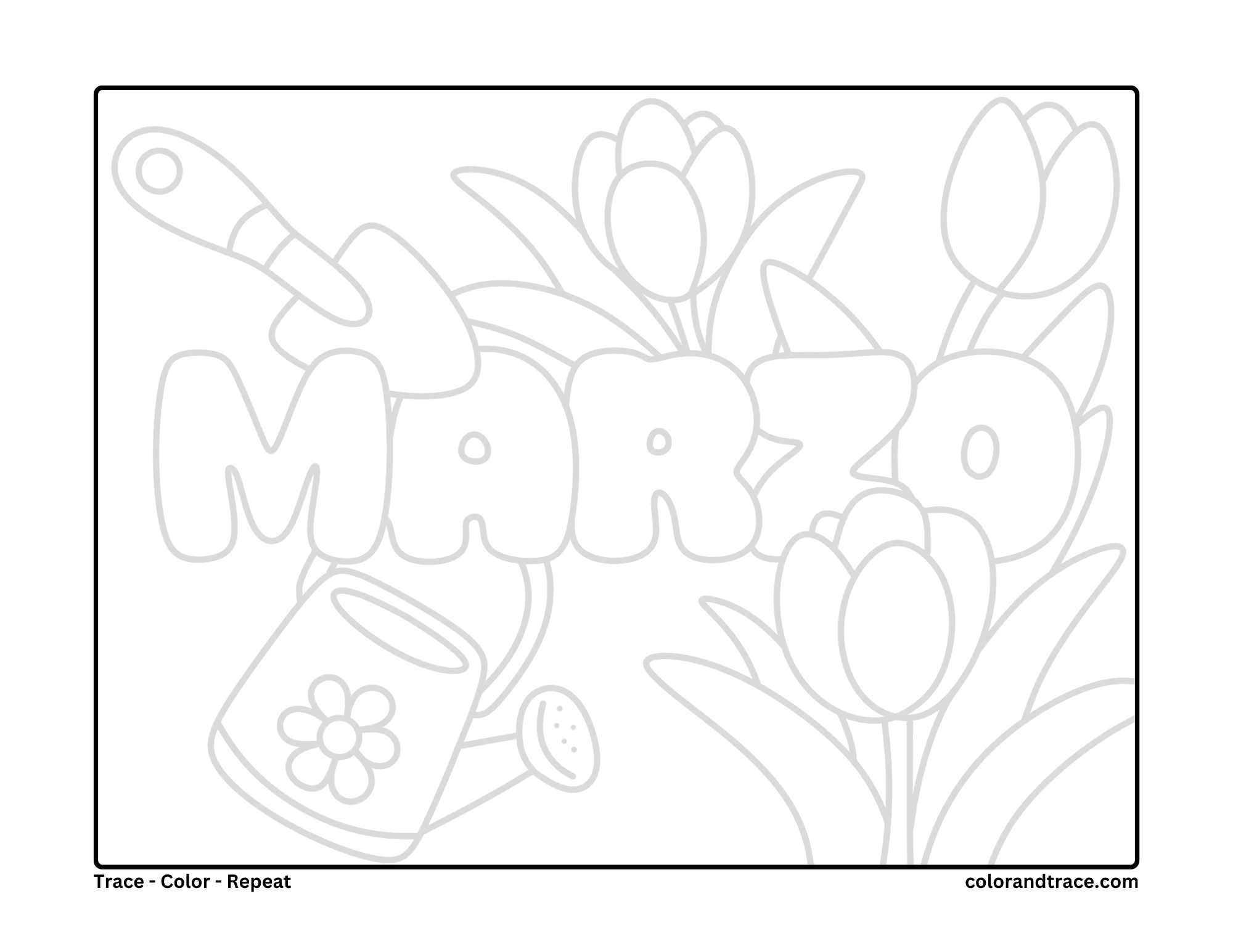 Marzo tracing worksheet preview Preview of a single-page Marzo tracing worksheet with tulips, a watering can, and tracing guides