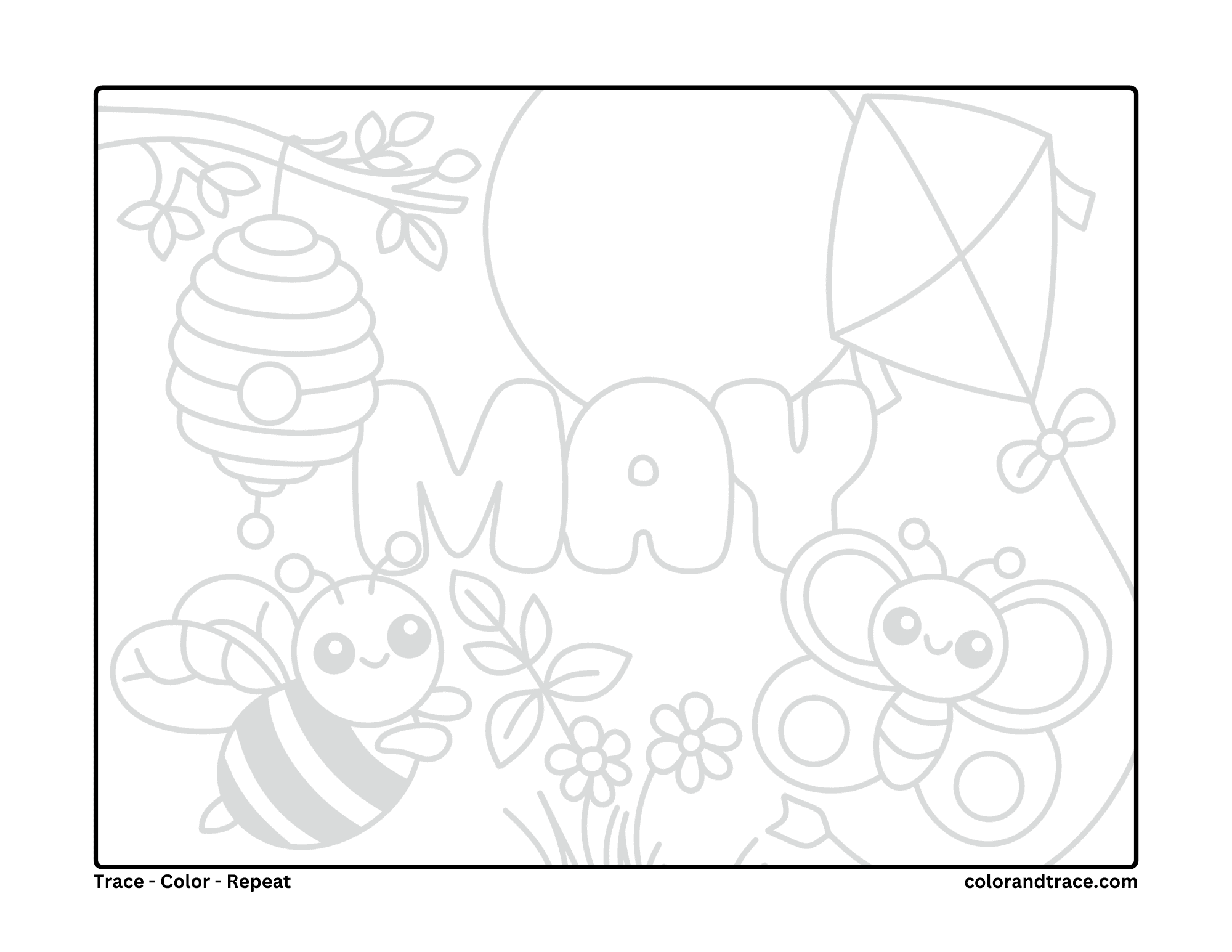 Preview of a May-themed tracing page with bees, a butterfly, and a kite around the letters MAY.