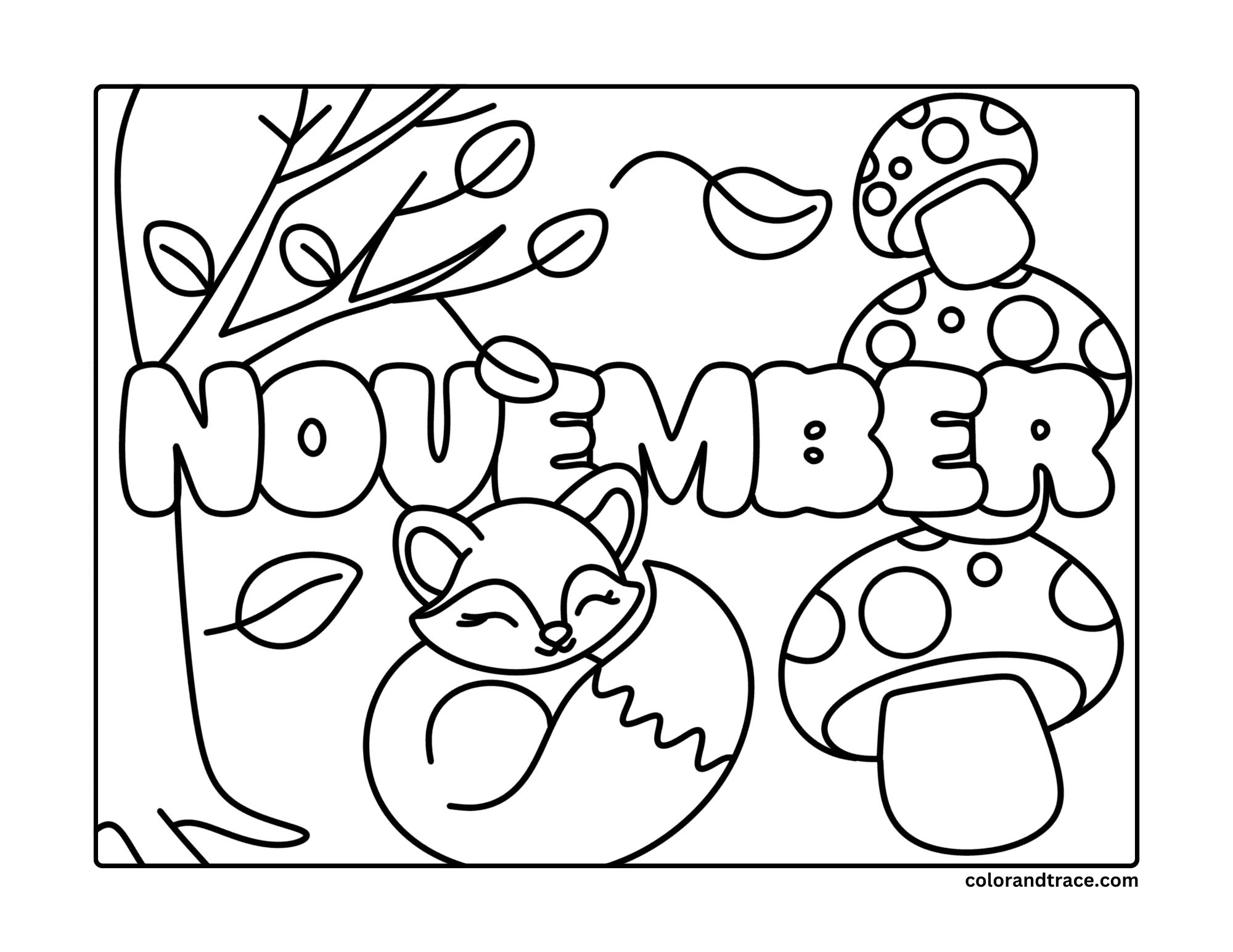 Preview of a November-themed printable coloring page with the word NOVEMBER, a fox, mushrooms, and leaves.