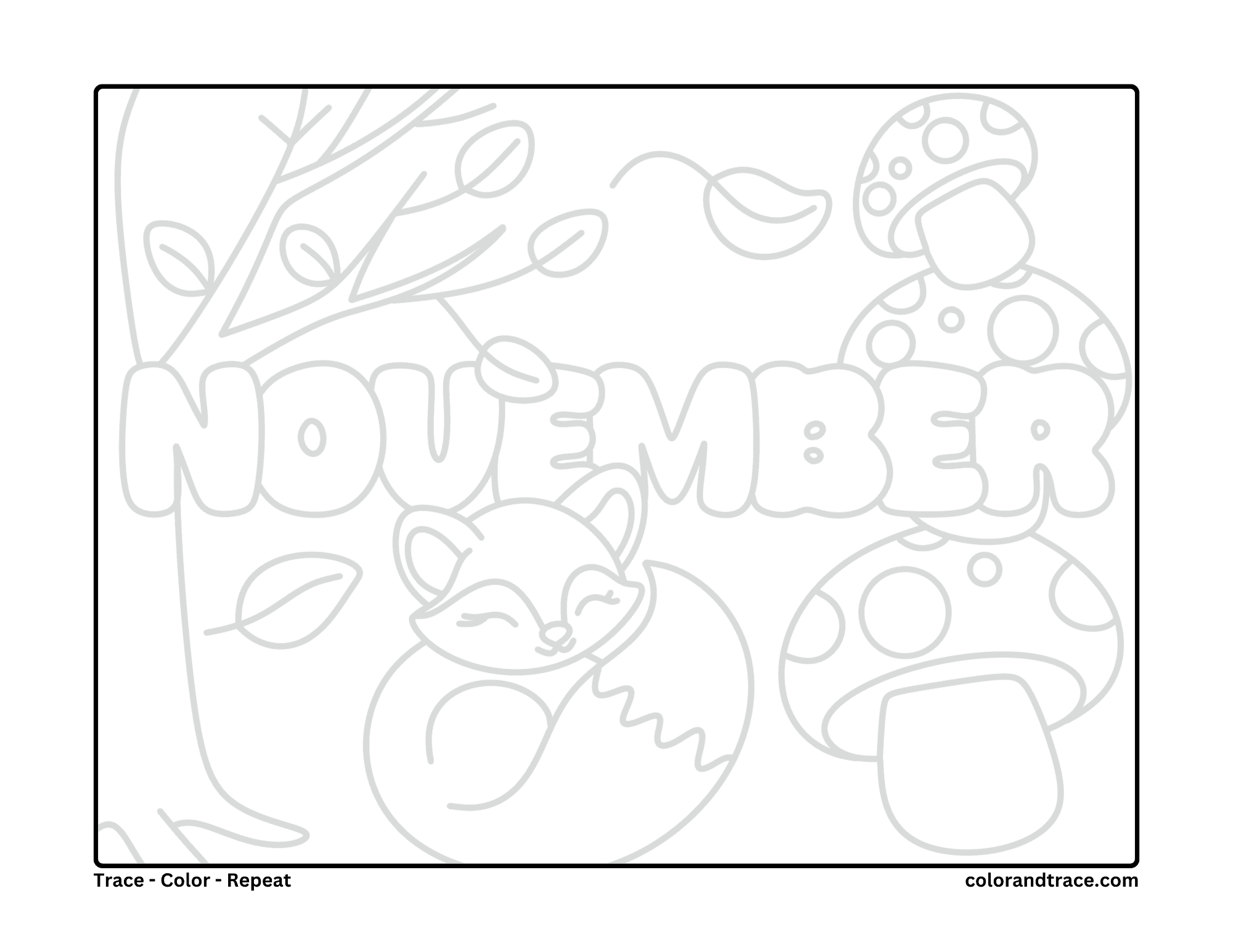 Preview of a printable tracing/coloring page with a fox, big NOVEMBER lettering, a tree, leaves, and mushrooms.