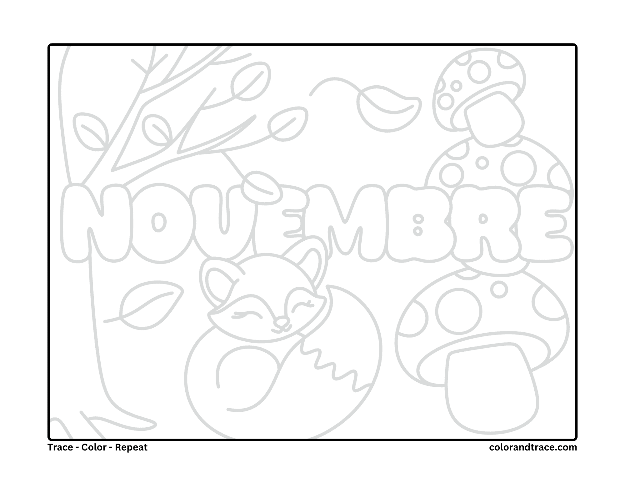 Preview of a printable tracing/coloring page with a smiling fox, mushrooms, leaves, and the bubbly word NOVEMBRE.