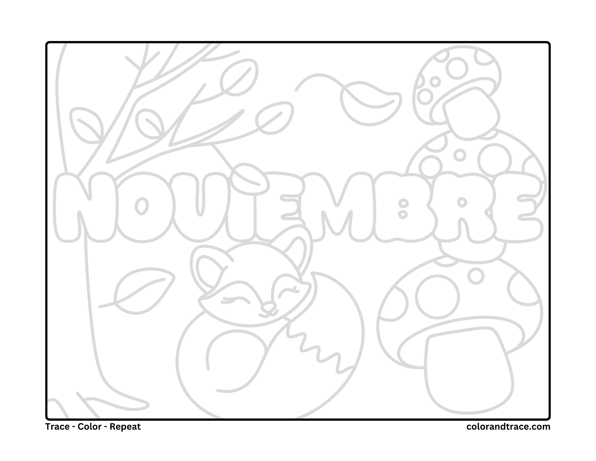 Preview of a coloring and printable page with a sleepy fox, mushrooms, branches and big bubble letters.
