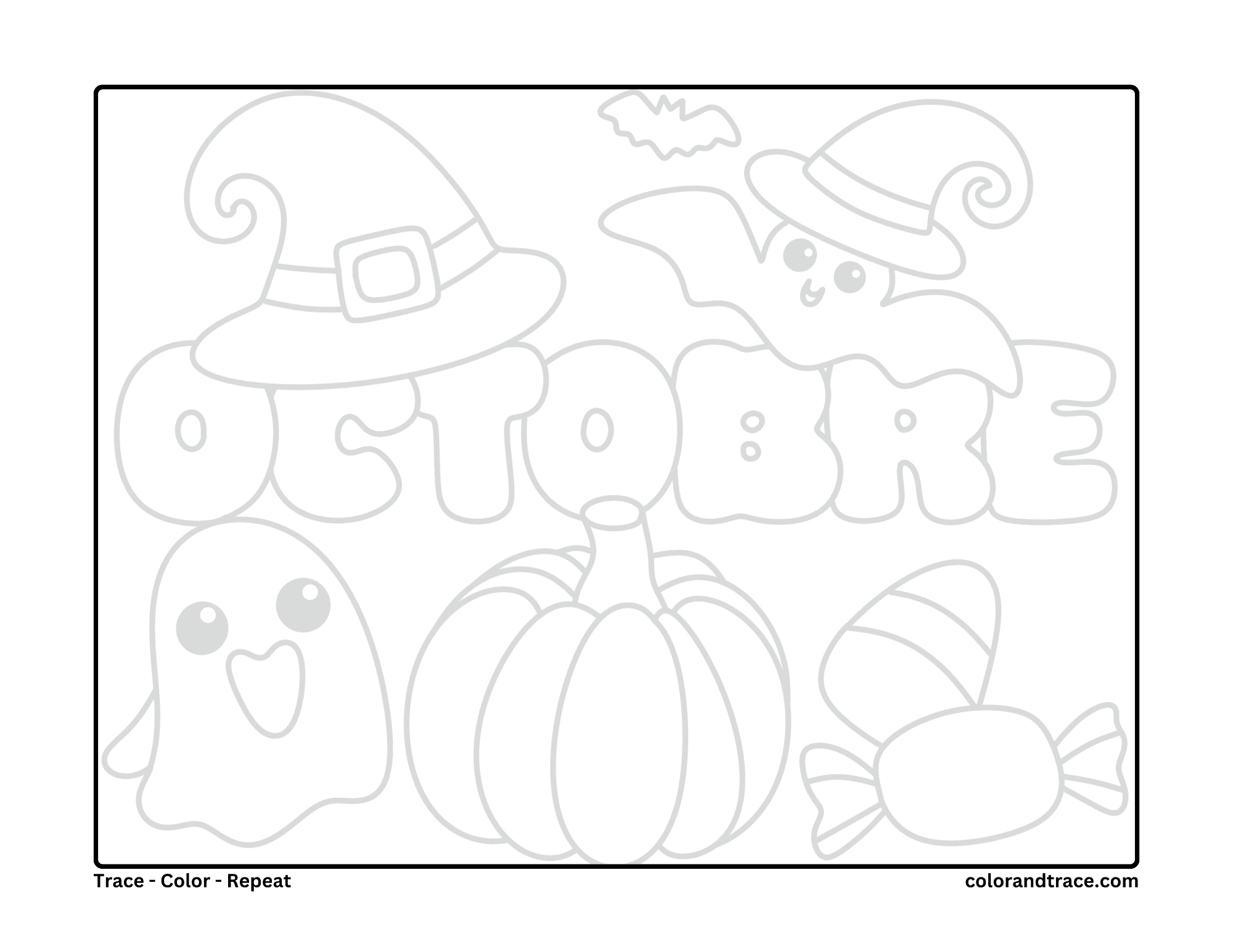 Preview of a Halloween coloring page with pumpkins, a ghost, a witch hat, candy, and a bat.