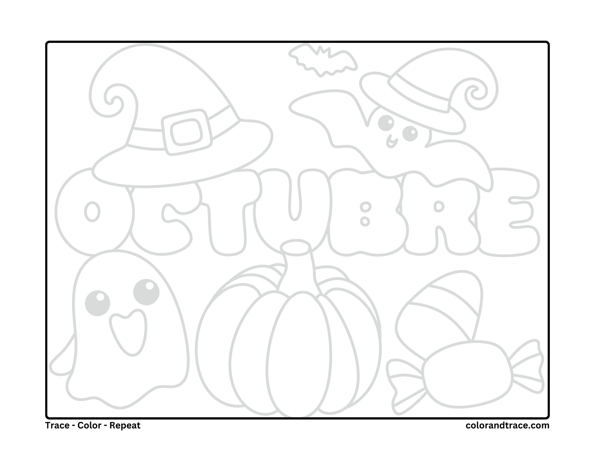Preview of a Halloween coloring page with pumpkins, a ghost, candy, and witch hats.
