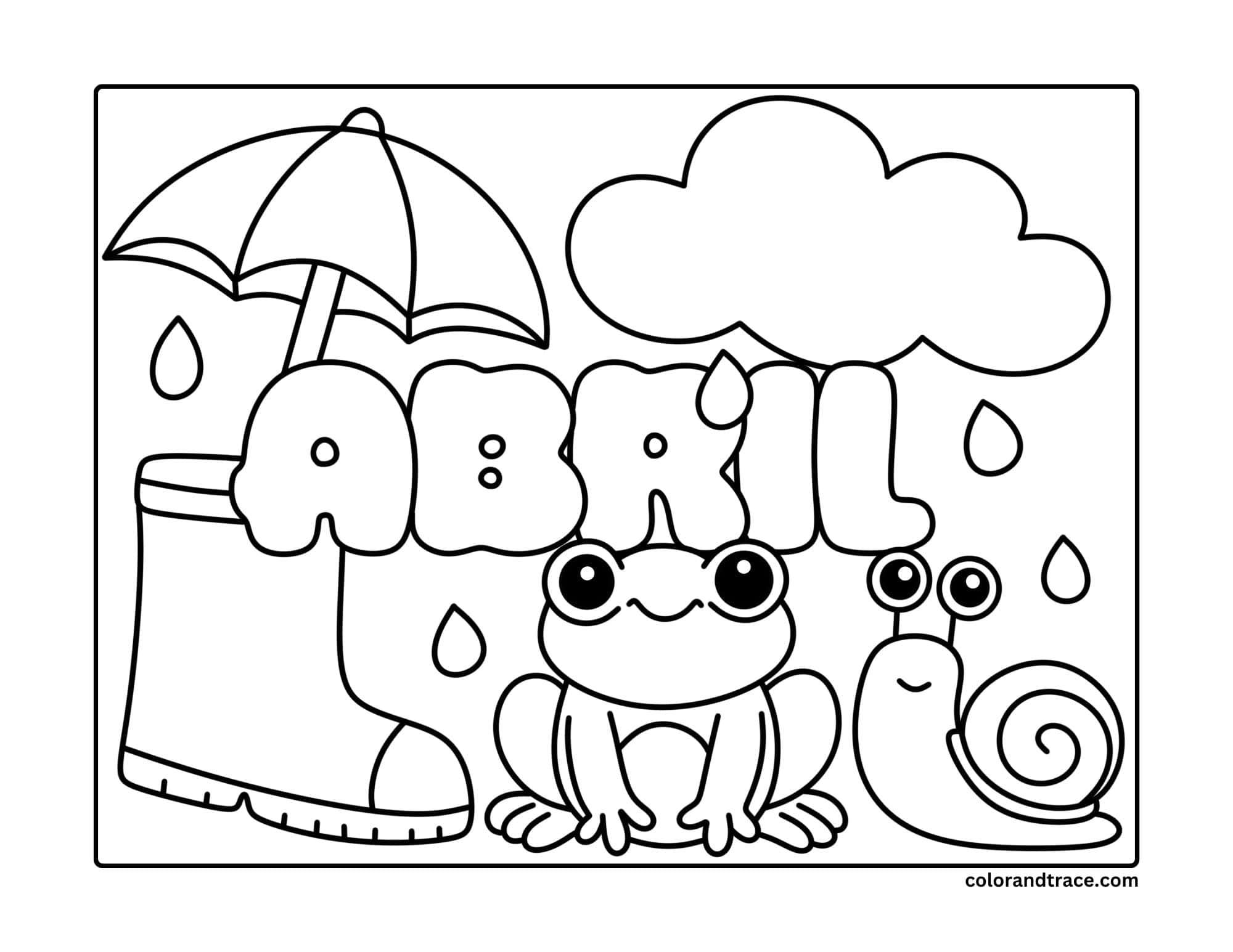 Preview of a kid coloring page showing the word APRIL with rain, umbrella, cloud, frog and snail.
