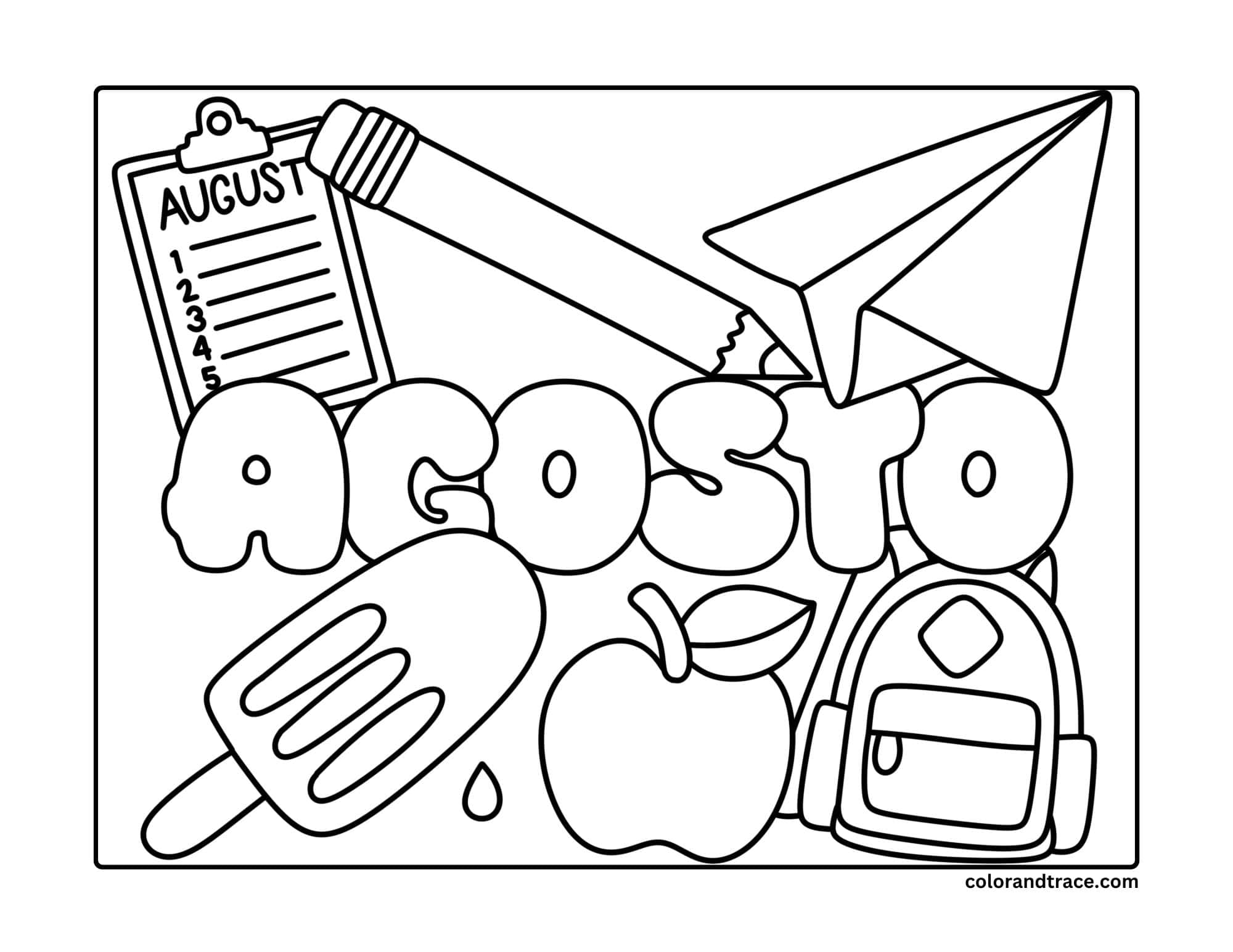 Preview of a printable coloring page with August on a clipboard, a pencil, a paper plane, an apple, a popsicle and backpack.