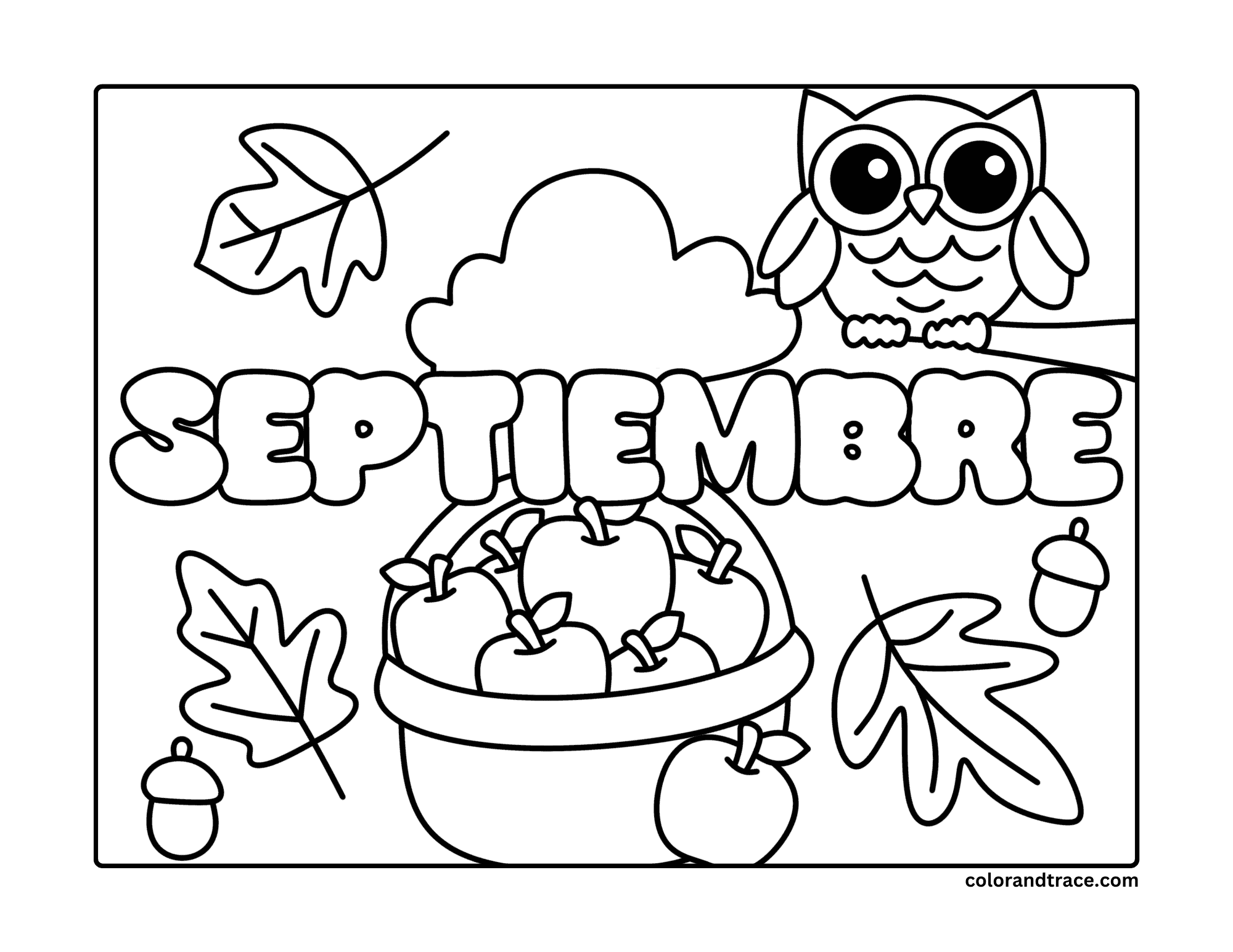 Preview of a September coloring page with apples, leaves, an owl, and the word SEPTIEMBRE.