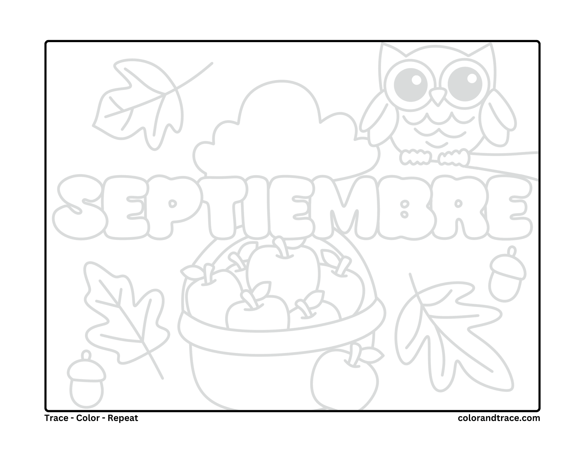 Preview of a printable tracing/coloring page with a large SEPTIEMBRE title and autumn scene.