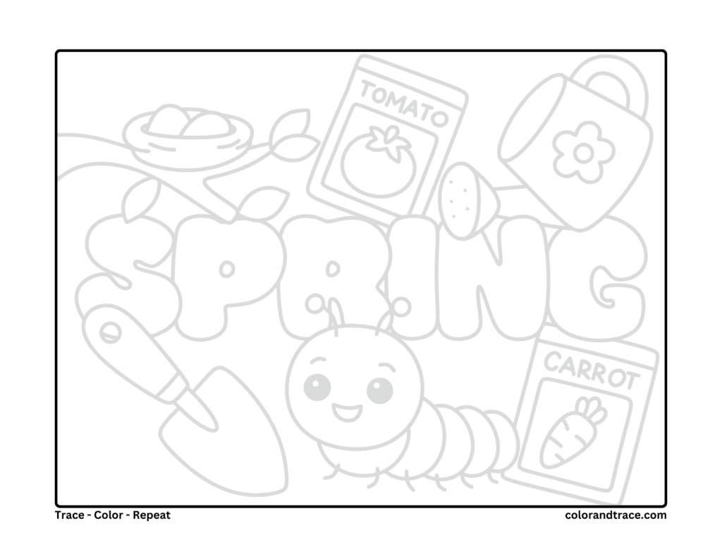 Preview of a garden-themed tracing worksheet with seed packets, a watering can, vegetables, and a worm for tracing and coloring