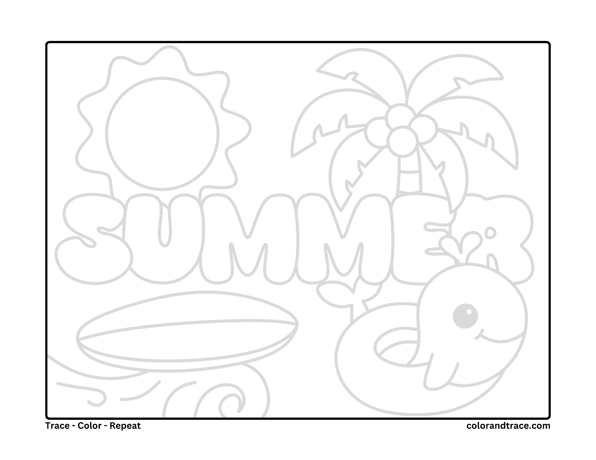 Preview of a summer-themed coloring page with the word SUMMER, sun, palm tree, and beach elements.
