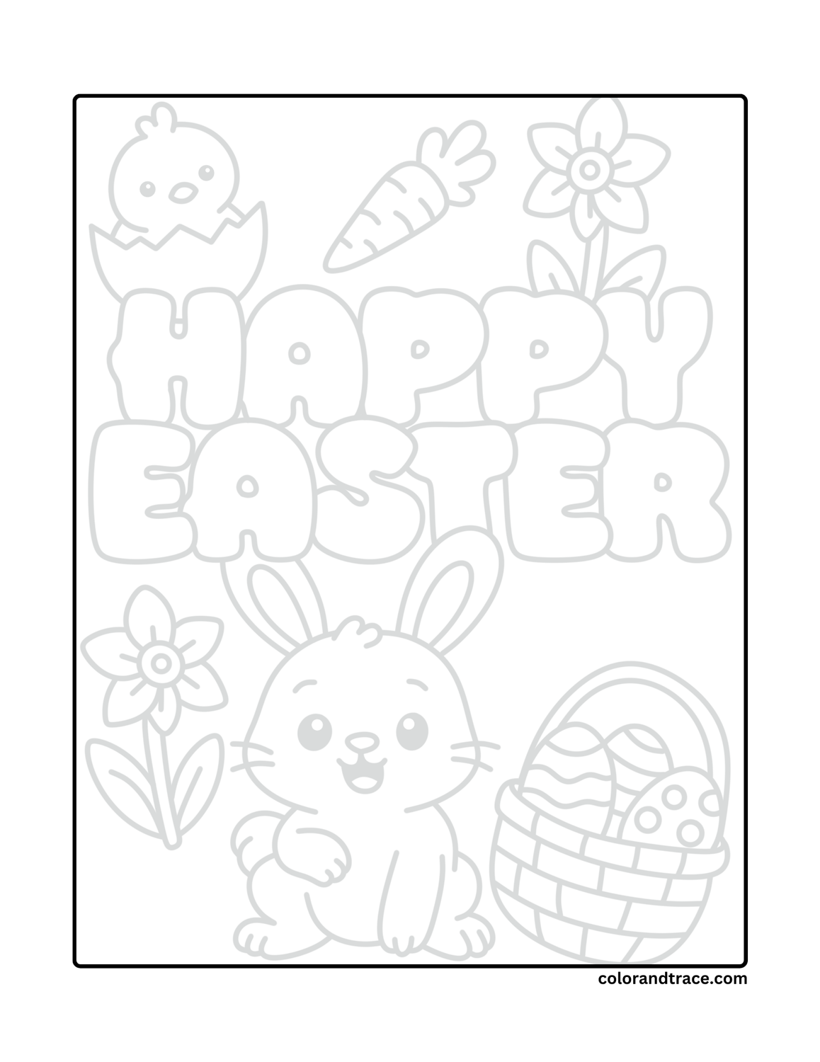 Preview of a printable Easter coloring page with a bunny, chick, carrot, flowers, and a basket of eggs.