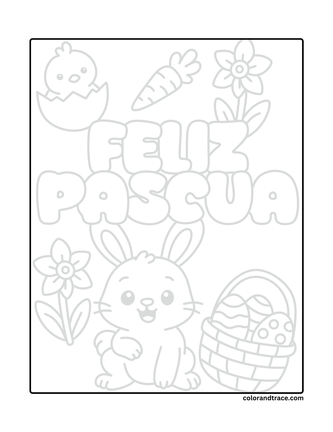 Preview of a printable Easter coloring page with a bunny, chick in an eggshell, carrot, flowers, and a basket of eggs.