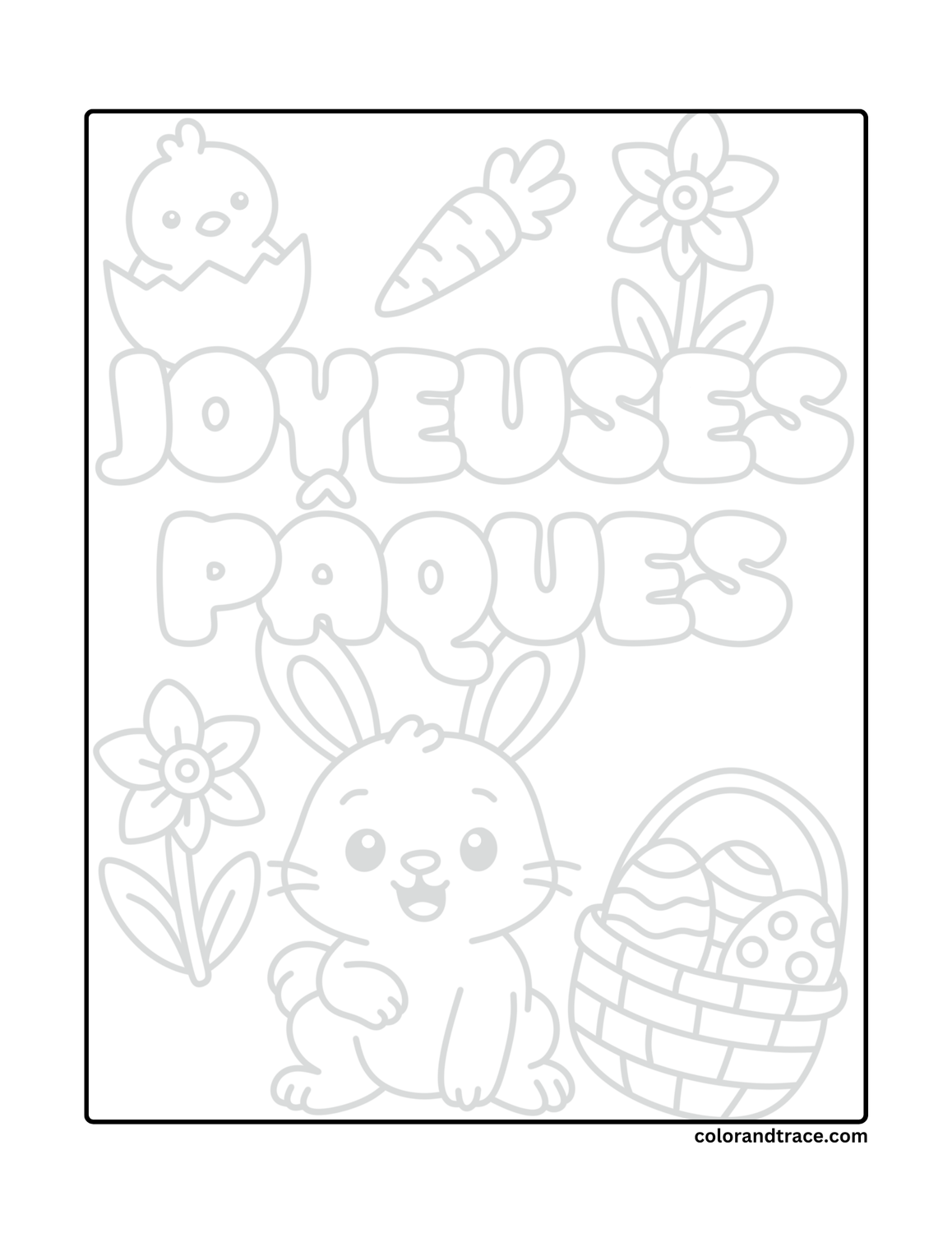 Preview tracing page for Easter coloring with bunny, chick in eggshell, carrot, flowers, and a basket of eggs.