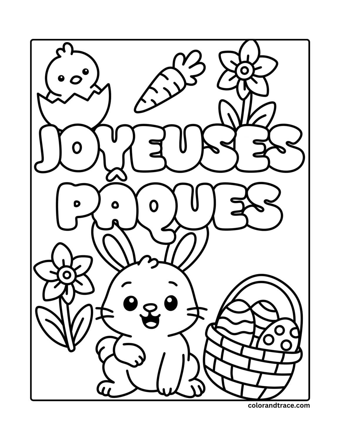 Preview coloring page with Easter theme: chick, bunny, carrot, flowers, eggs, and JOYEUSES PÂQUES text.