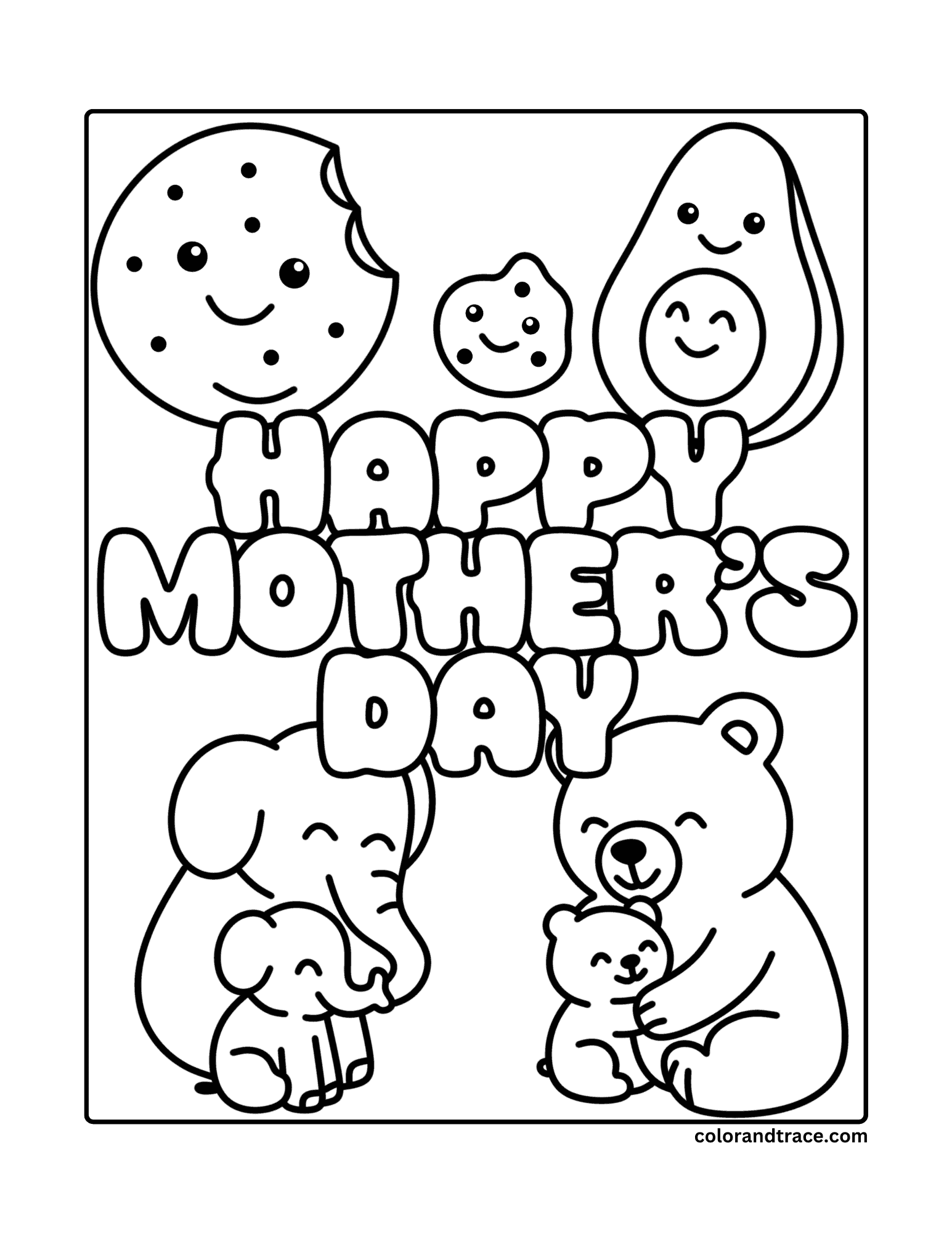 Preview of a printable coloring page featuring a 'HAPPY MOTHER'S DAY' title with cute characters.
