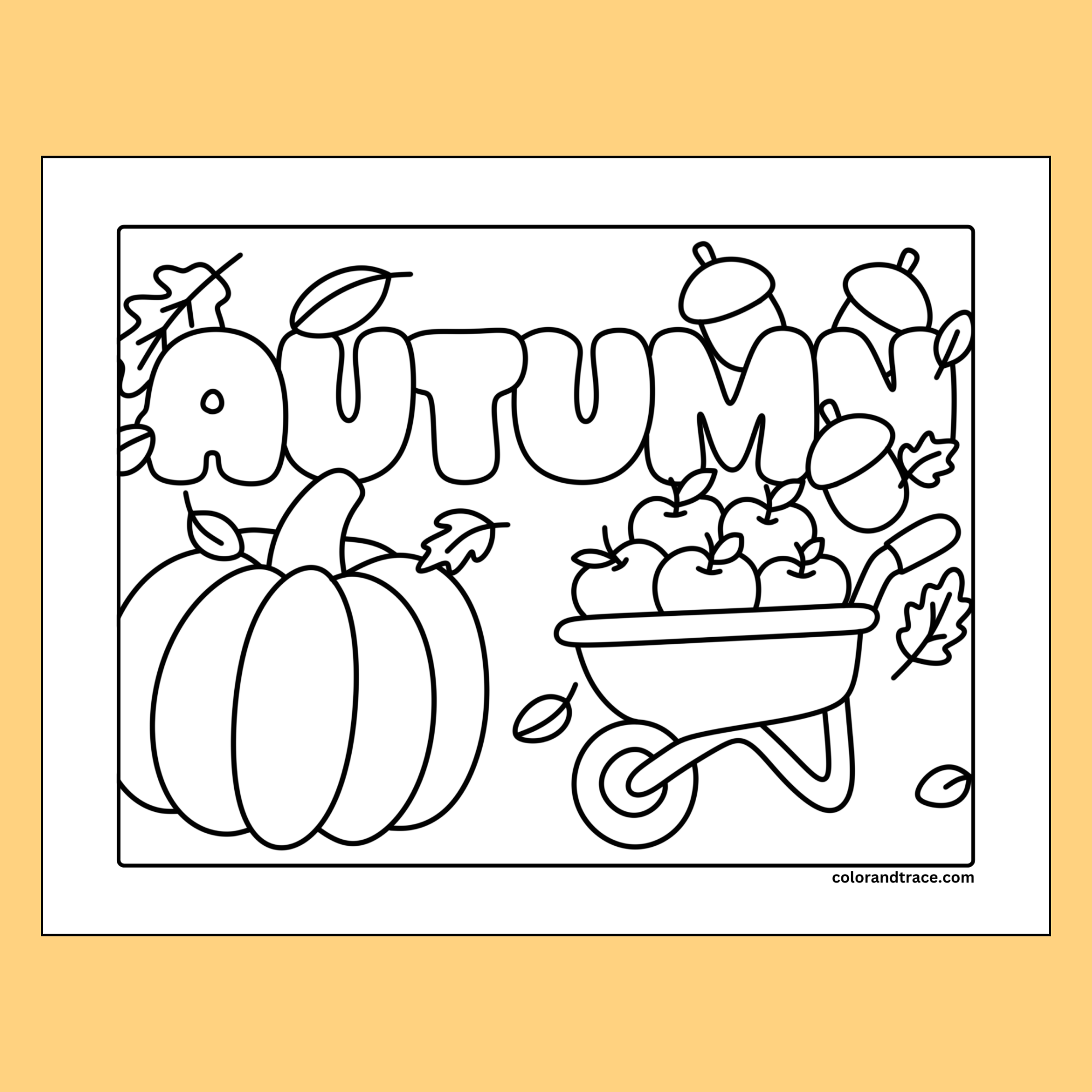 Autumn Harvest Coloring Page Printable Printable autumn harvest coloring page with pumpkin, apples, acorns, wheelbarrow, and falling leaves