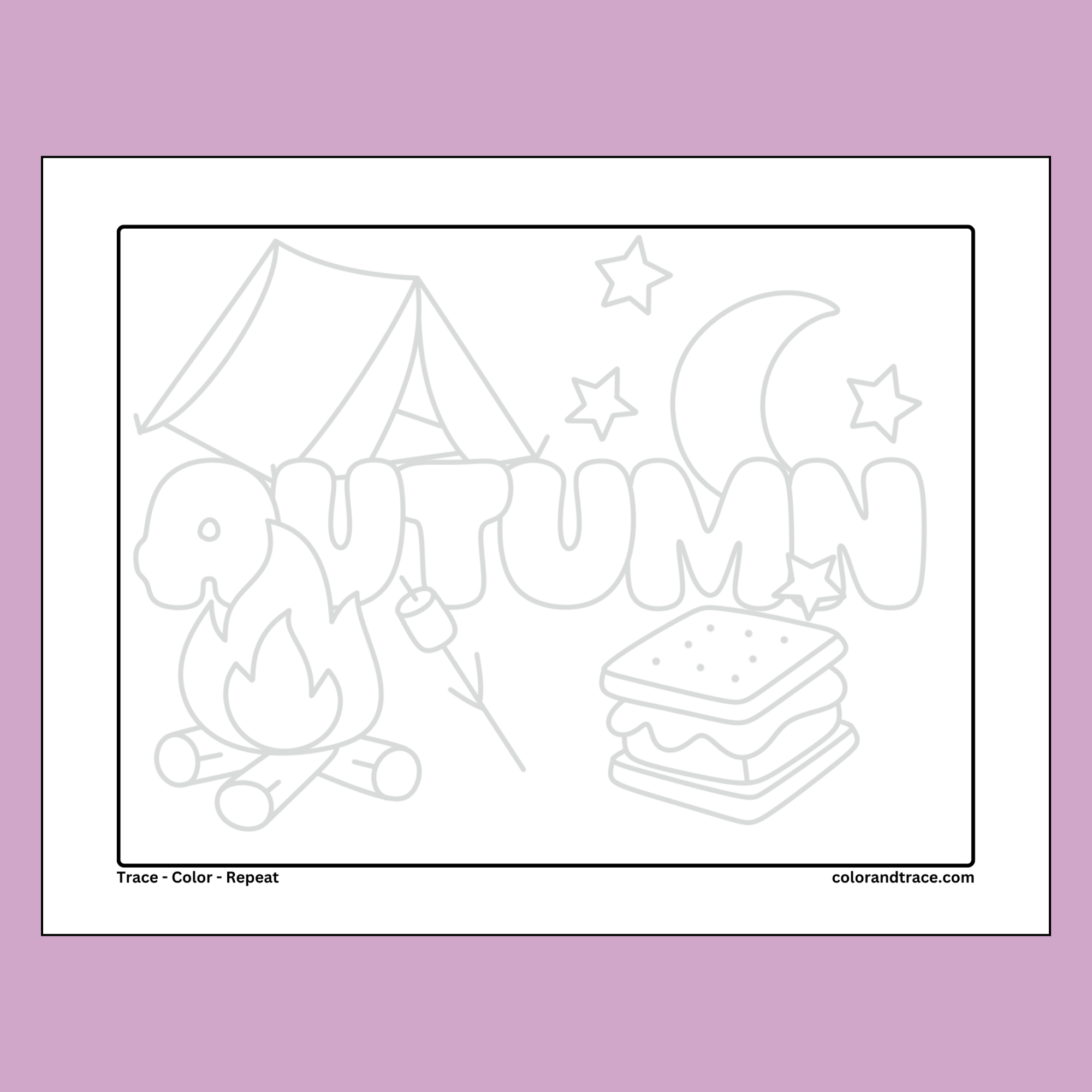 Preview of a camping coloring page with a tent, campfire, moon, stars, and a sandwich.