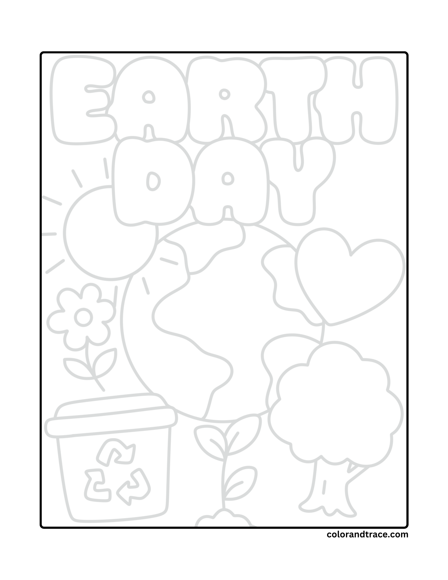 Preview of a printable Earth Day tracing page with Earth, sun, plant, tree, flower, heart, and recycling bin.