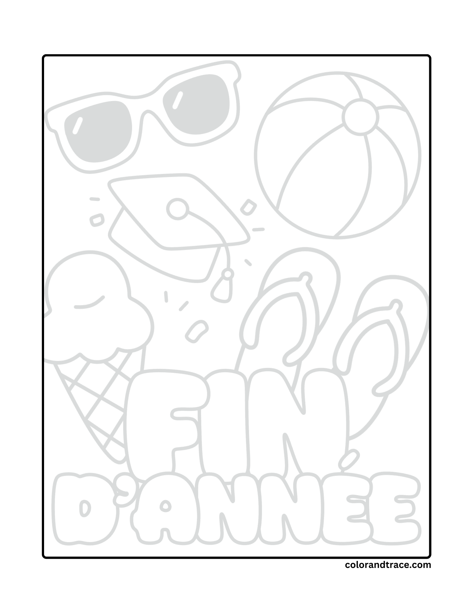 Preview of a French tracing page with bubble letters and pale gray summer icons for tracing or coloring