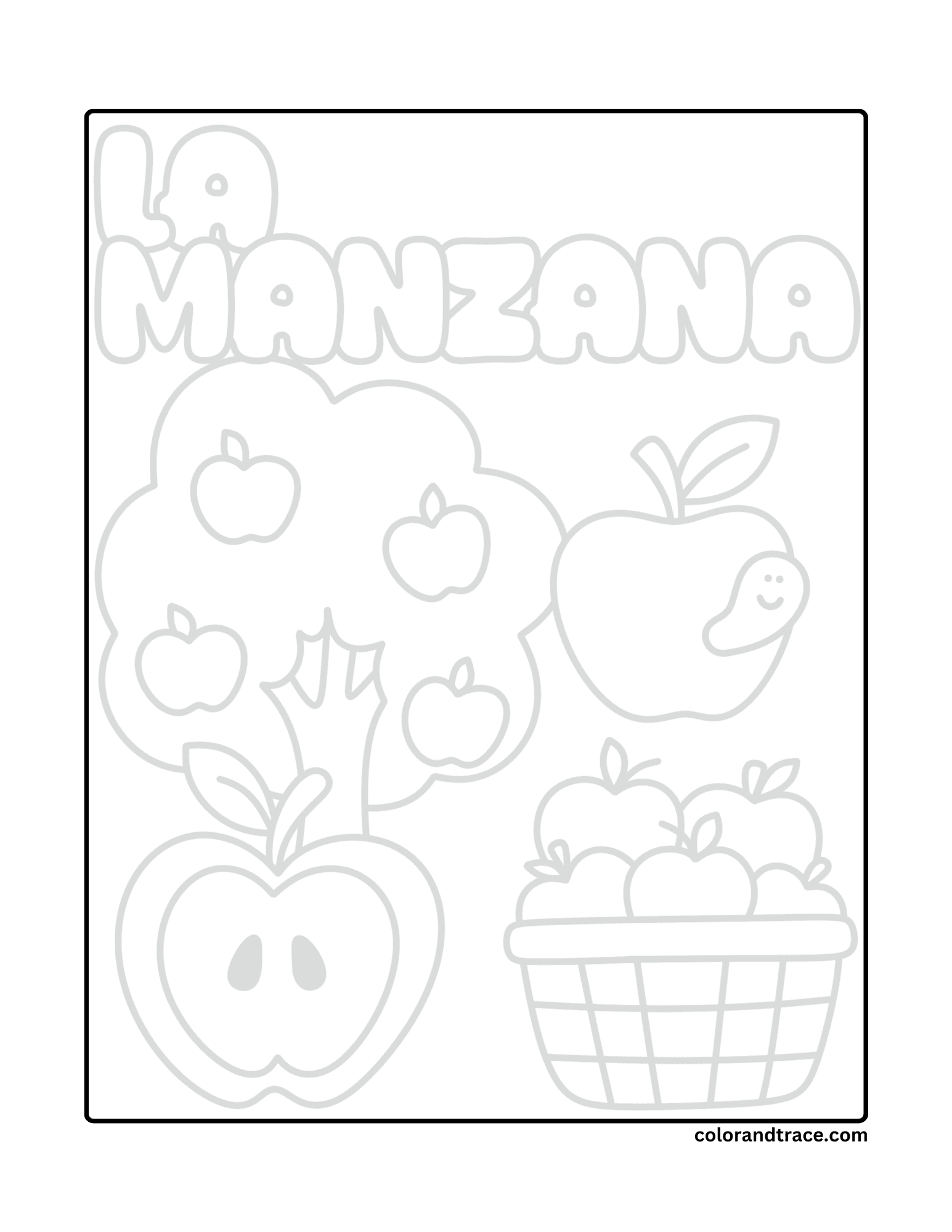 Preview of a printable coloring page with apples, a basket, and the word MANZANA.