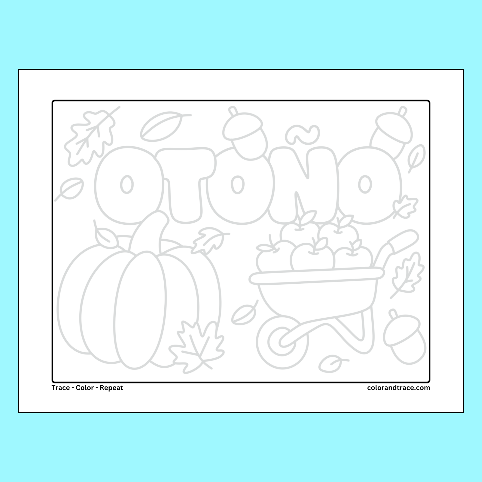 Preview of a printable autumn coloring page featuring the letters AUTUMN, pumpkins, and a wheelbarrow full of apples.