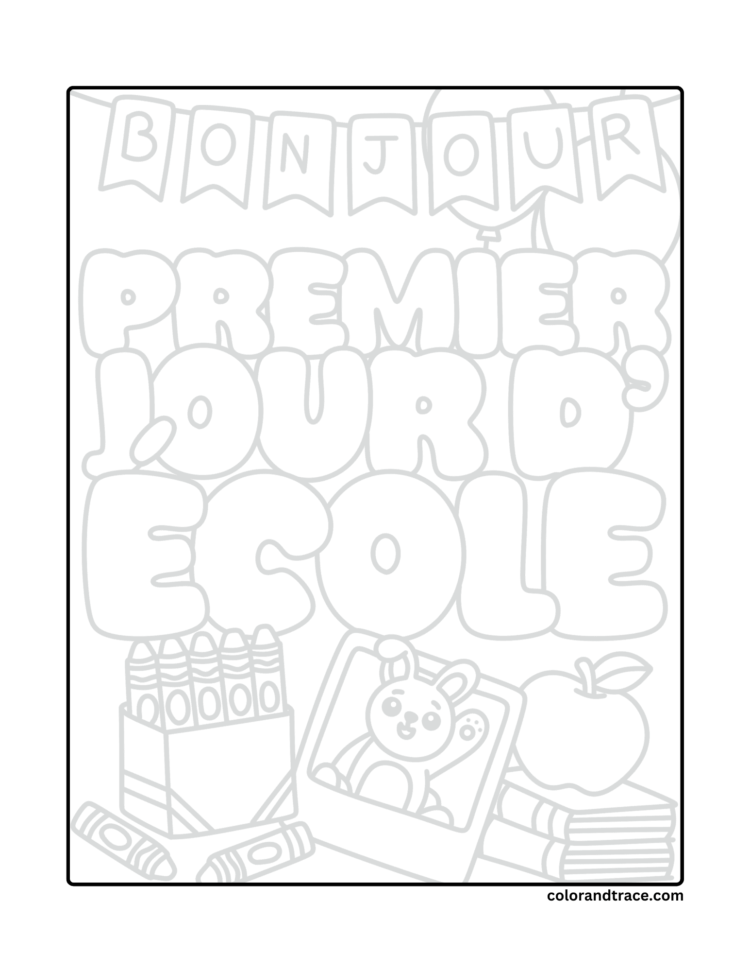 Preview of a printable coloring page with large bubble letters and school-themed drawings.
