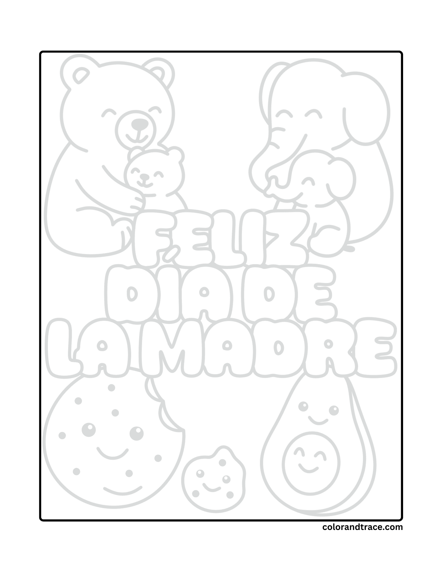 Preview of a printable coloring page with a bear and cub on one side, a smiling elephant on the other, and bubbly letters.