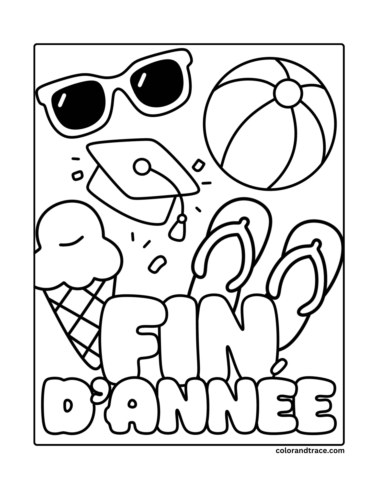 Preview of a printable French coloring page with sunglasses, beach ball, graduation cap, ice cream cone, and flip-flops