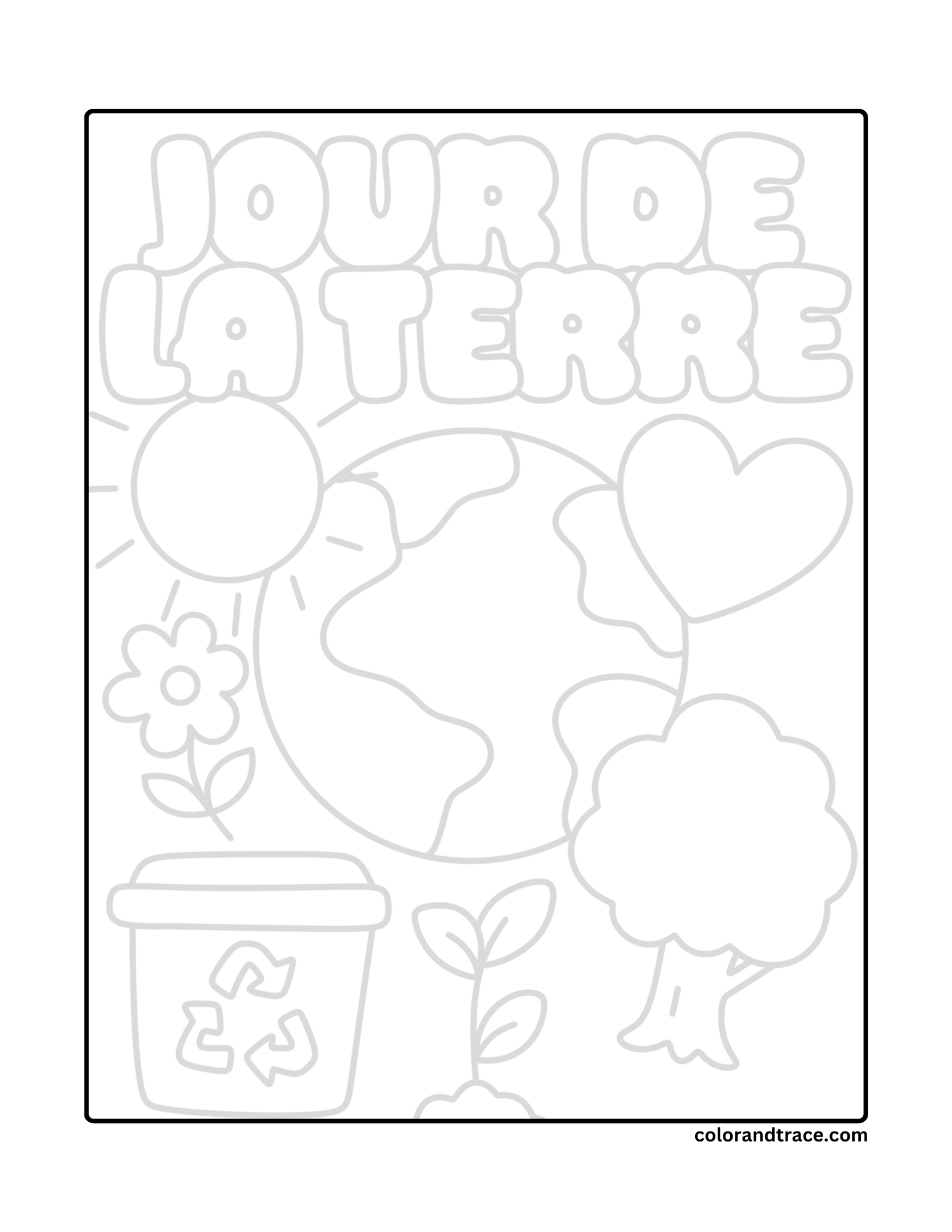 Preview coloring/tracing page for Jour de la Terre with Earth, sun, plants, a tree, and a recycling bin.