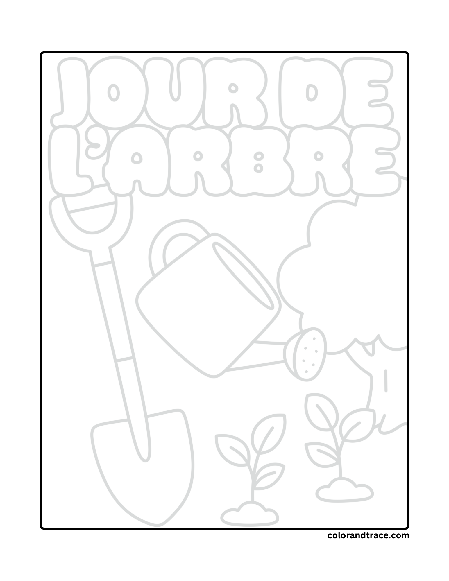 Preview of a printable coloring page with a watering can, a shovel, plants, and big bubble letters at the top.