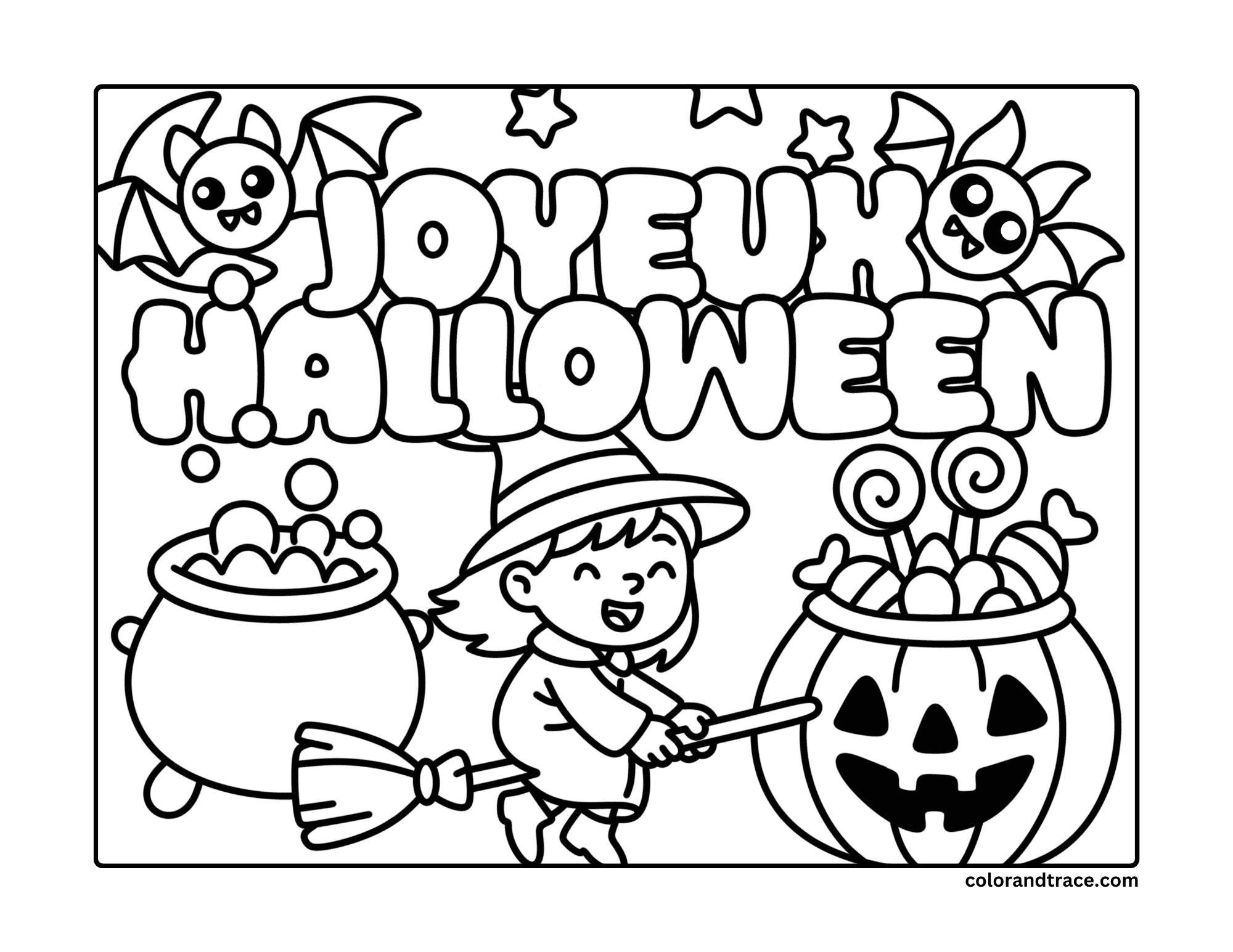 Preview of a printable Halloween coloring page with a witch, pumpkins, and bats.