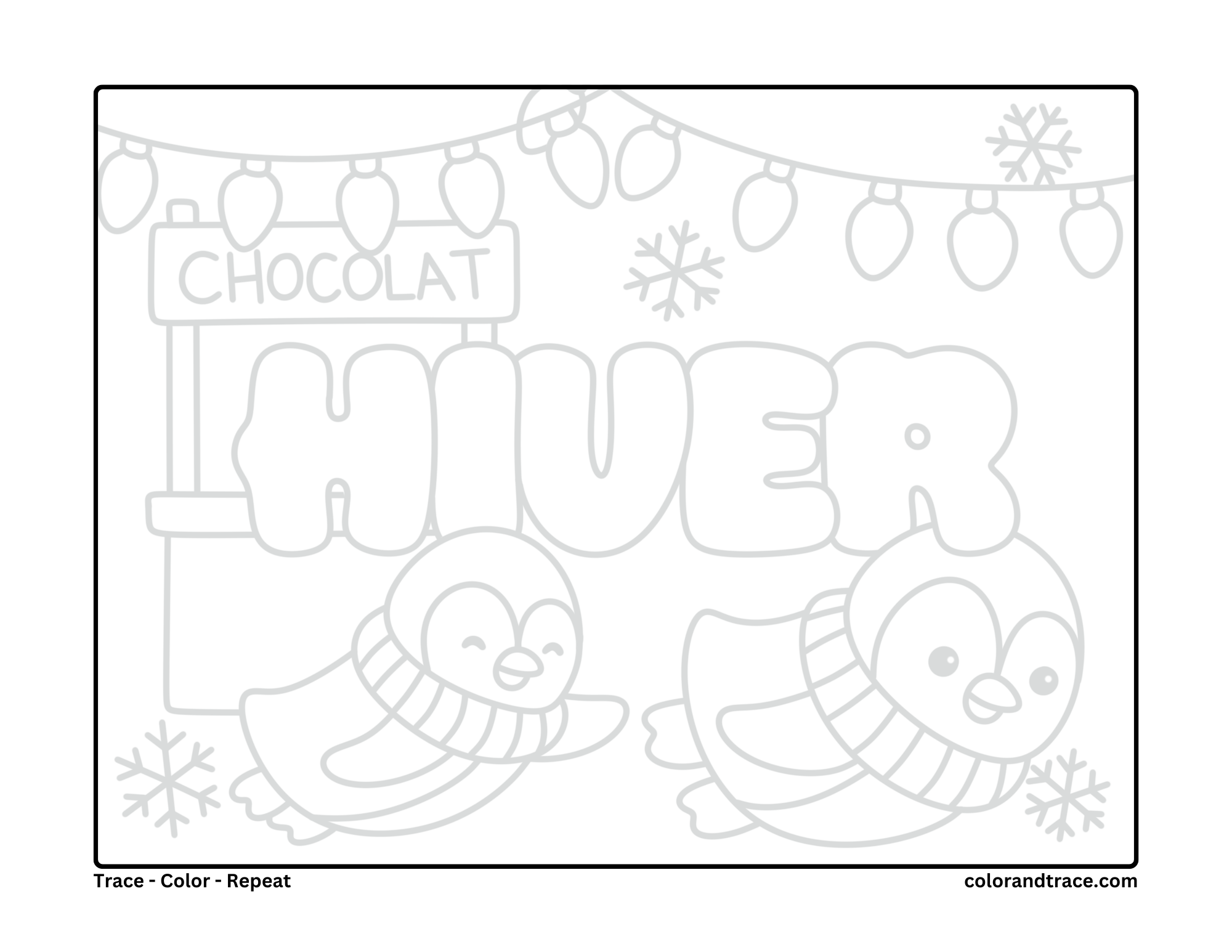 Preview of a printable winter coloring page with two birds in scarves, string lights, snowflakes, and a CHOCOLAT sign.