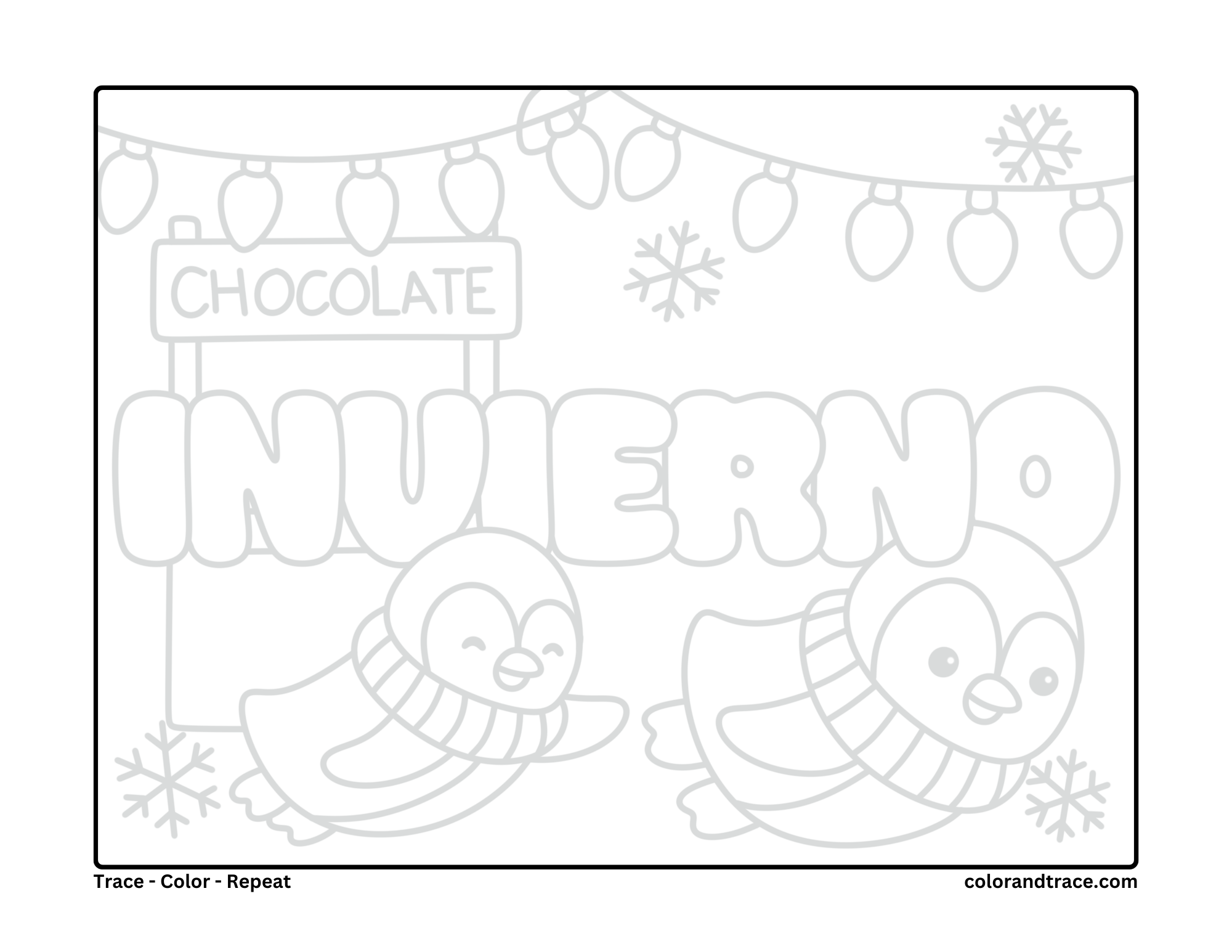 A printable coloring page preview with two penguins in scarves under holiday lights and a sign that says CHOCOLATE.