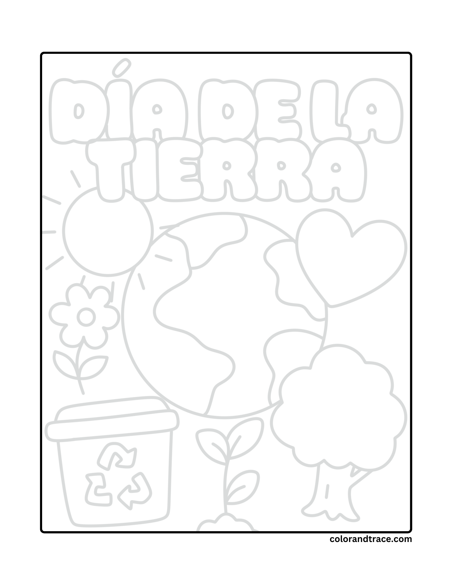 Preview of a single-page Earth Day tracing and coloring worksheet with Earth, sun, plants, and a recycling bin.