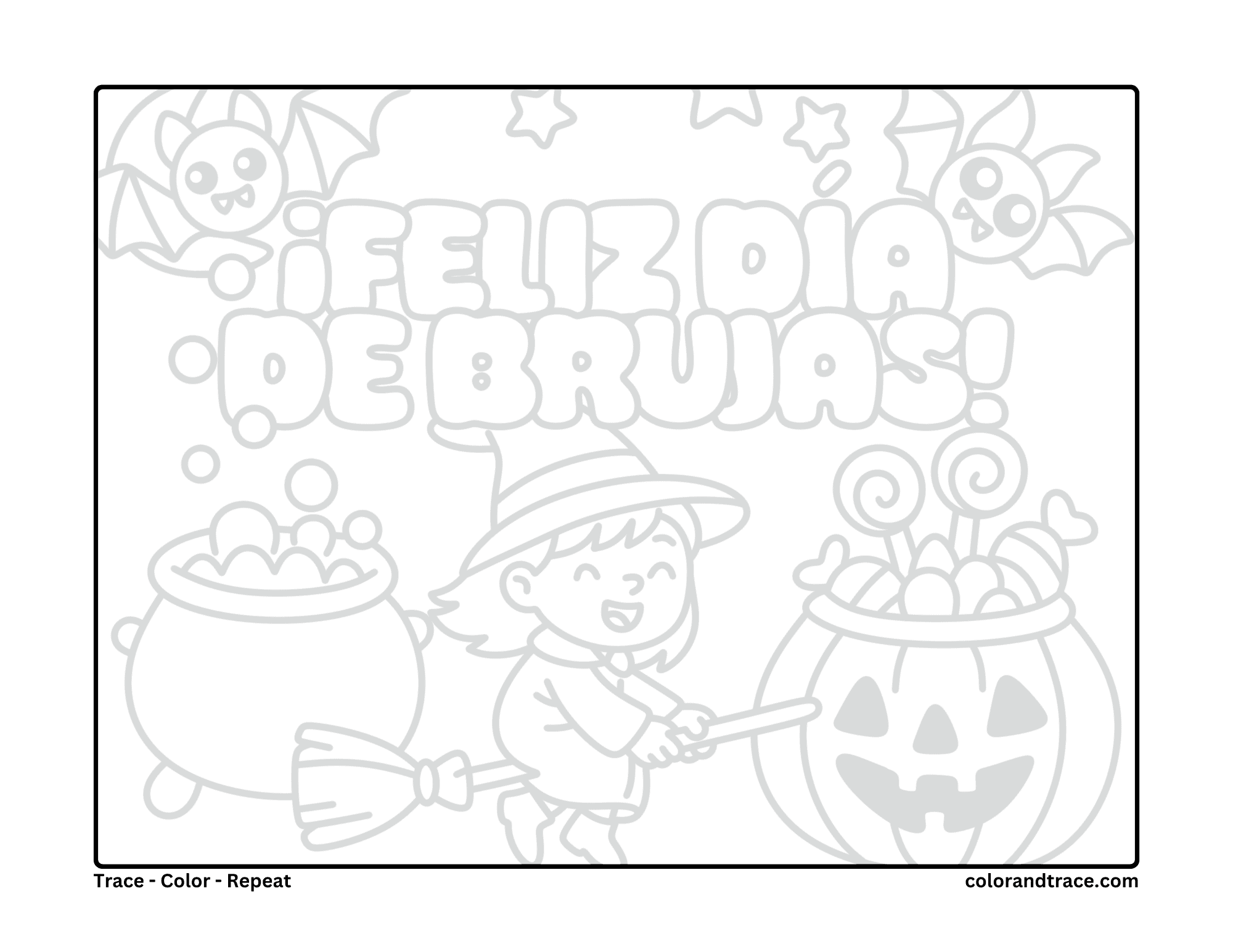 Preview of a Halloween coloring page with a witch, pumpkin, cauldrons, and candy.
