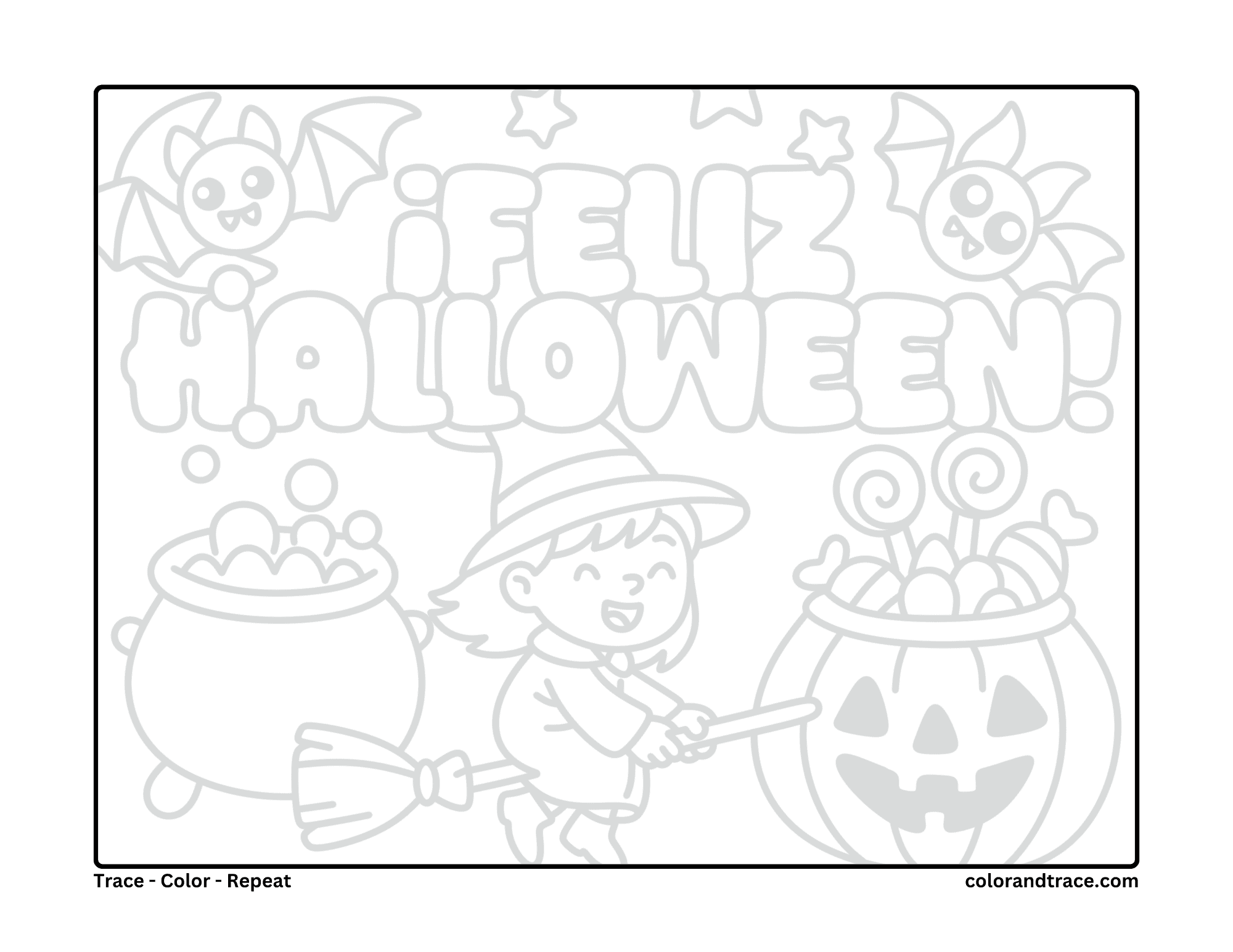 Preview of a Halloween coloring and printable page with a witch, pumpkin, cauldron, bats and candy.