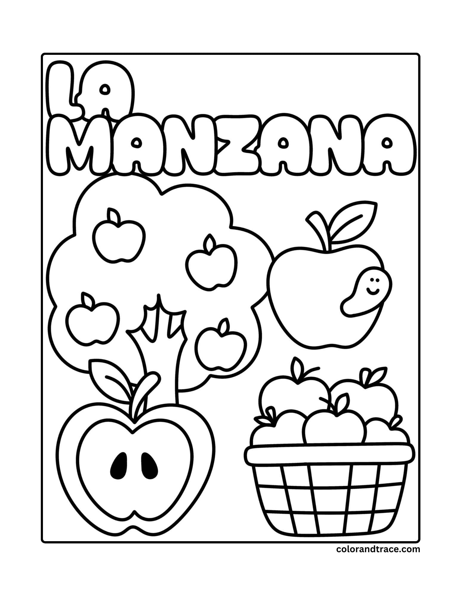 Preview of a printable coloring page featuring apples, a tree, and a basket.