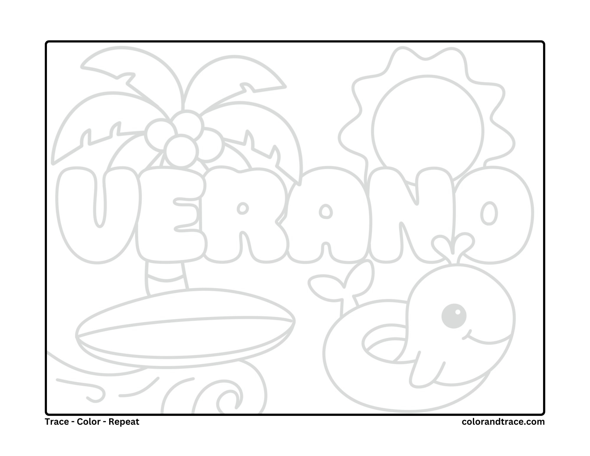 Preview coloring and tracing page showing a tropical scene with a palm tree, sun, coconuts, and a duck on a float.